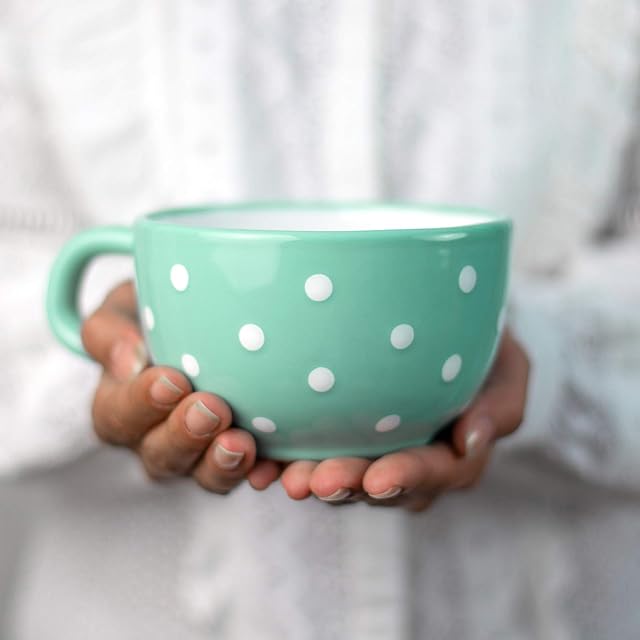 City to Cottage® Teal Blue and White | Polka Dot Spotty | Designer Handmade Hand Painted | Unique Ceramic Extra Large 17.5oz/500ml | Cappuccino Coffee Tea Soup Mugs Cups with Handle | Gift
