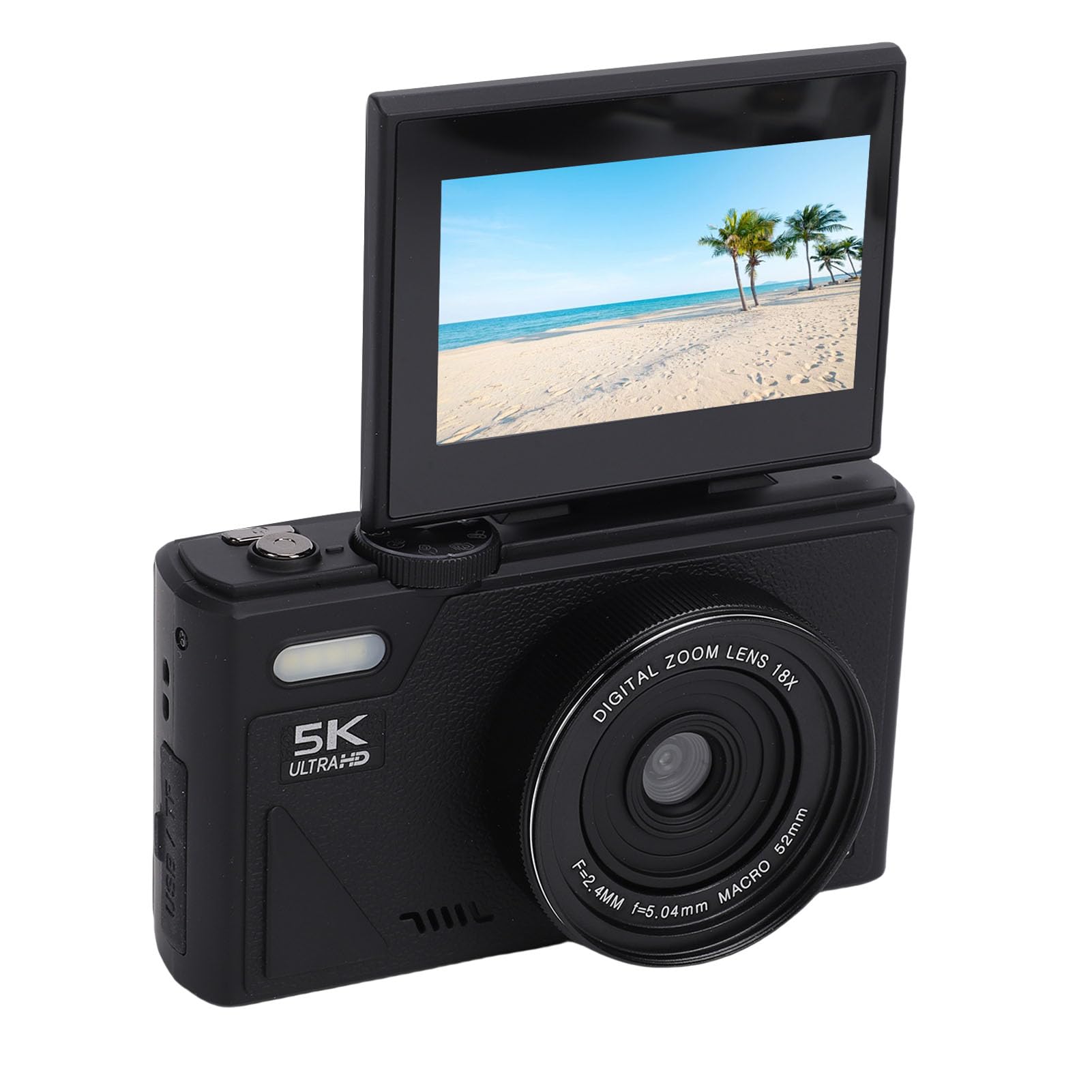 Jectse Fotocamera Digitale, 5K 75MP Anti-Shake Point And Shoot Camera con Schermo Flip da 3 Pollici a 180°, Piccola Fotocamera da Viaggio Compatta Flash Integrato per Bambini (Black)