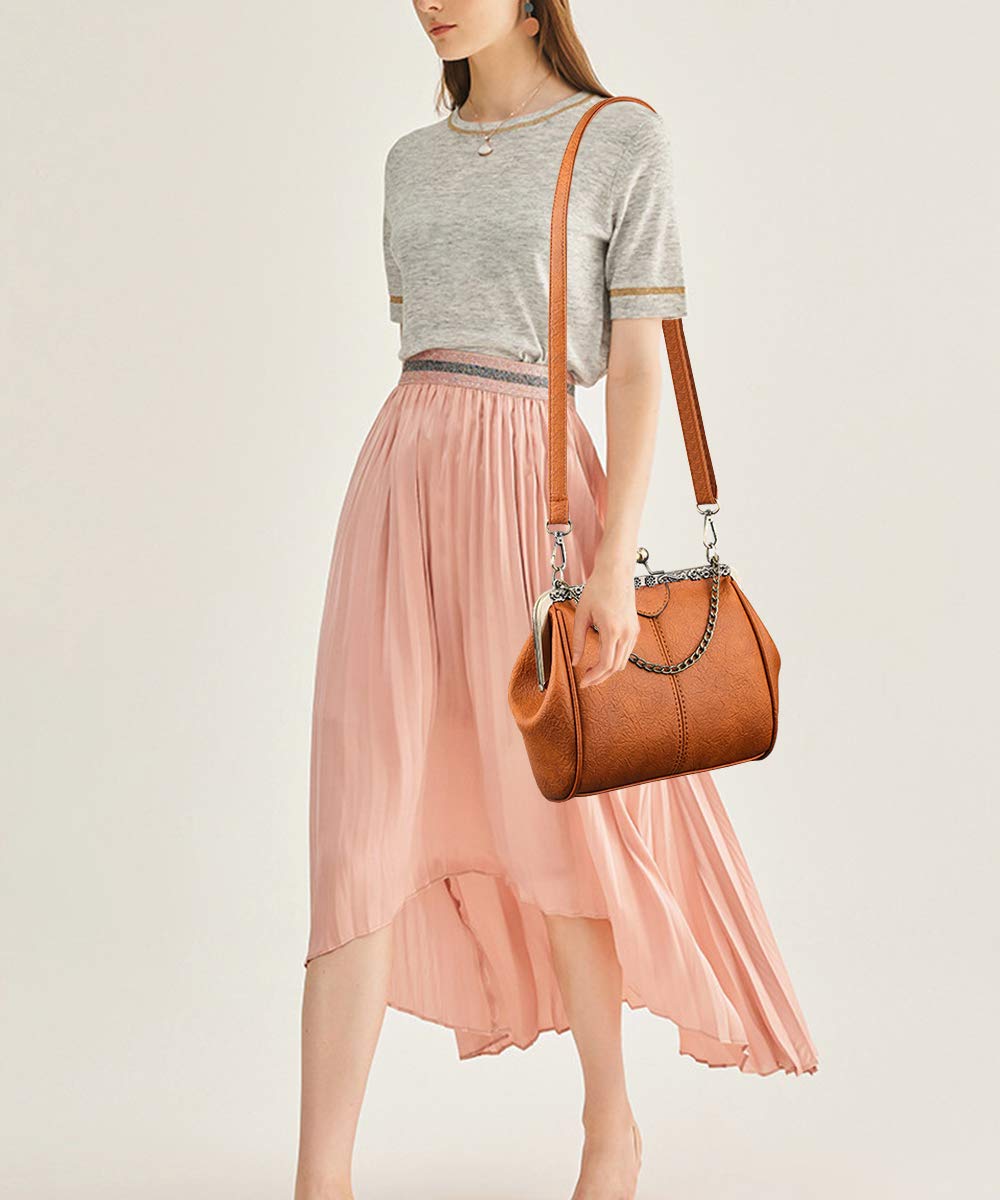 Segater Women Small Retro Kiss Lock Handbag and Purses PU Leather Hollow Tote Shoulder Bag Satchels with Chain Brown