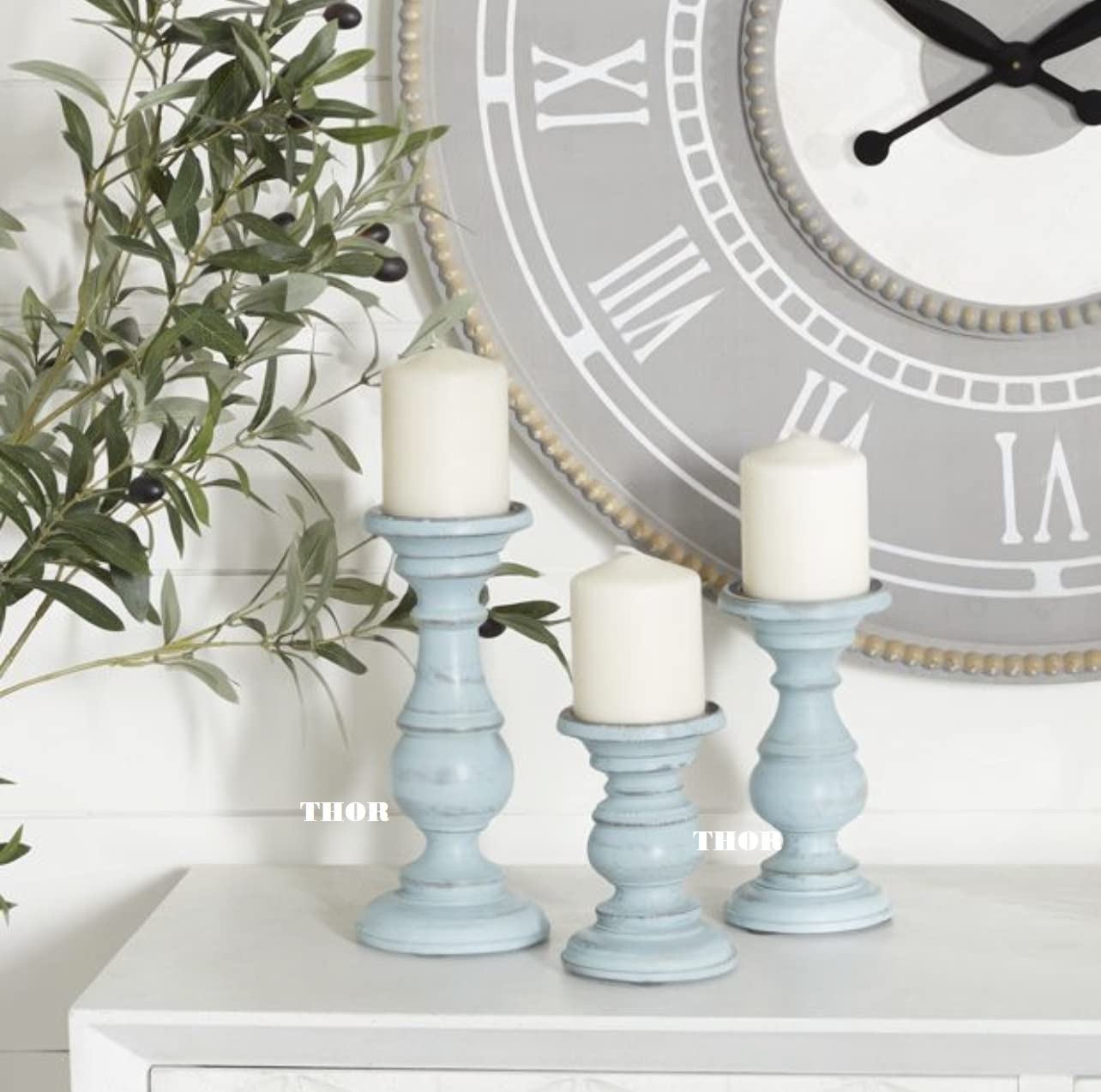 Decorative Light Blue Wood Turned Style Pillar Candle Holder with Distressed Finish, Set of 3 6", 8", 10" H, Light Blue