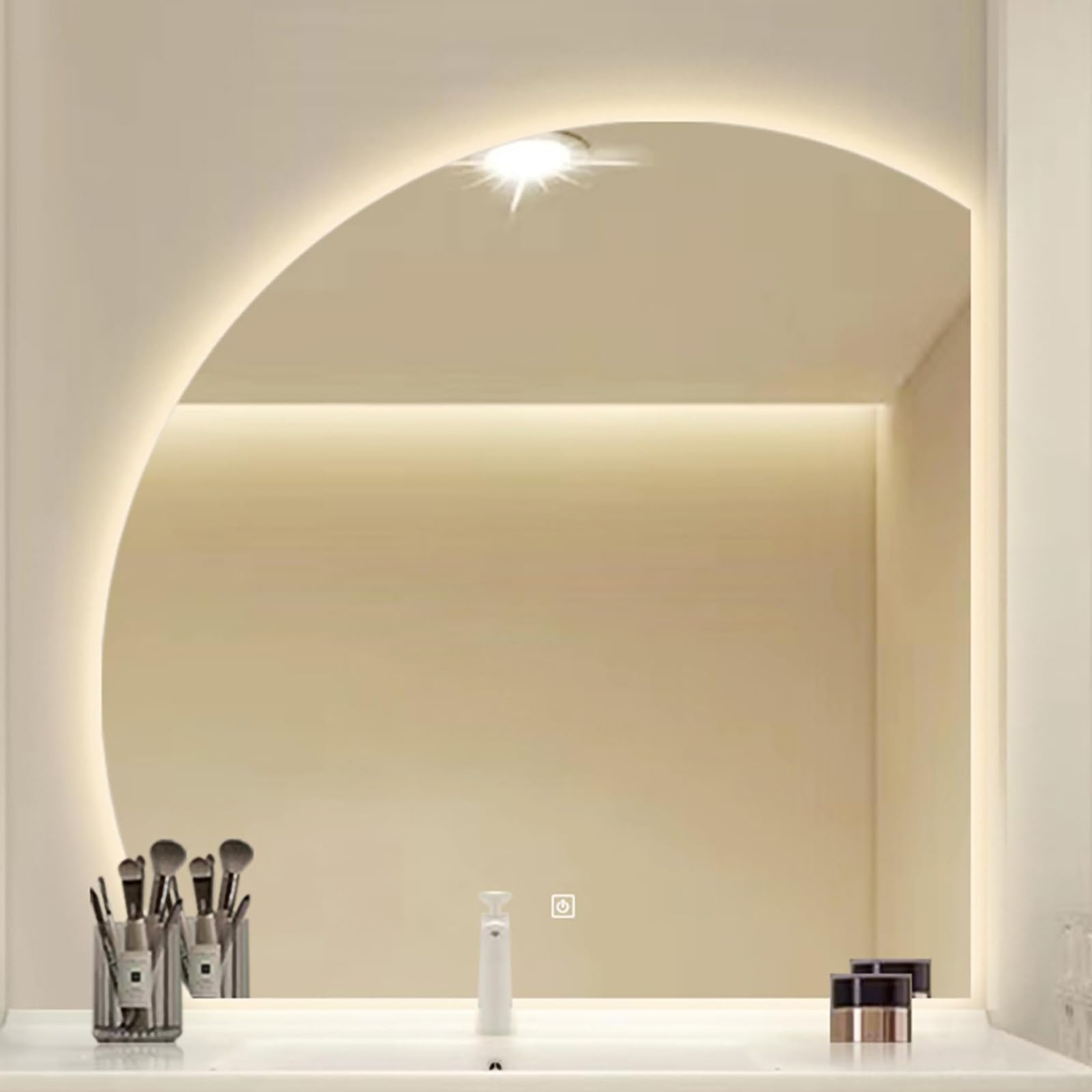 WQZzjm Irregular HalfCircle Mirror with LED Lights 80 cm WallMounted Vanity Mirror for Bathrooms, Modern Home Decor, Stylish Reflective Accent for Your Space (70L x 70W cm)