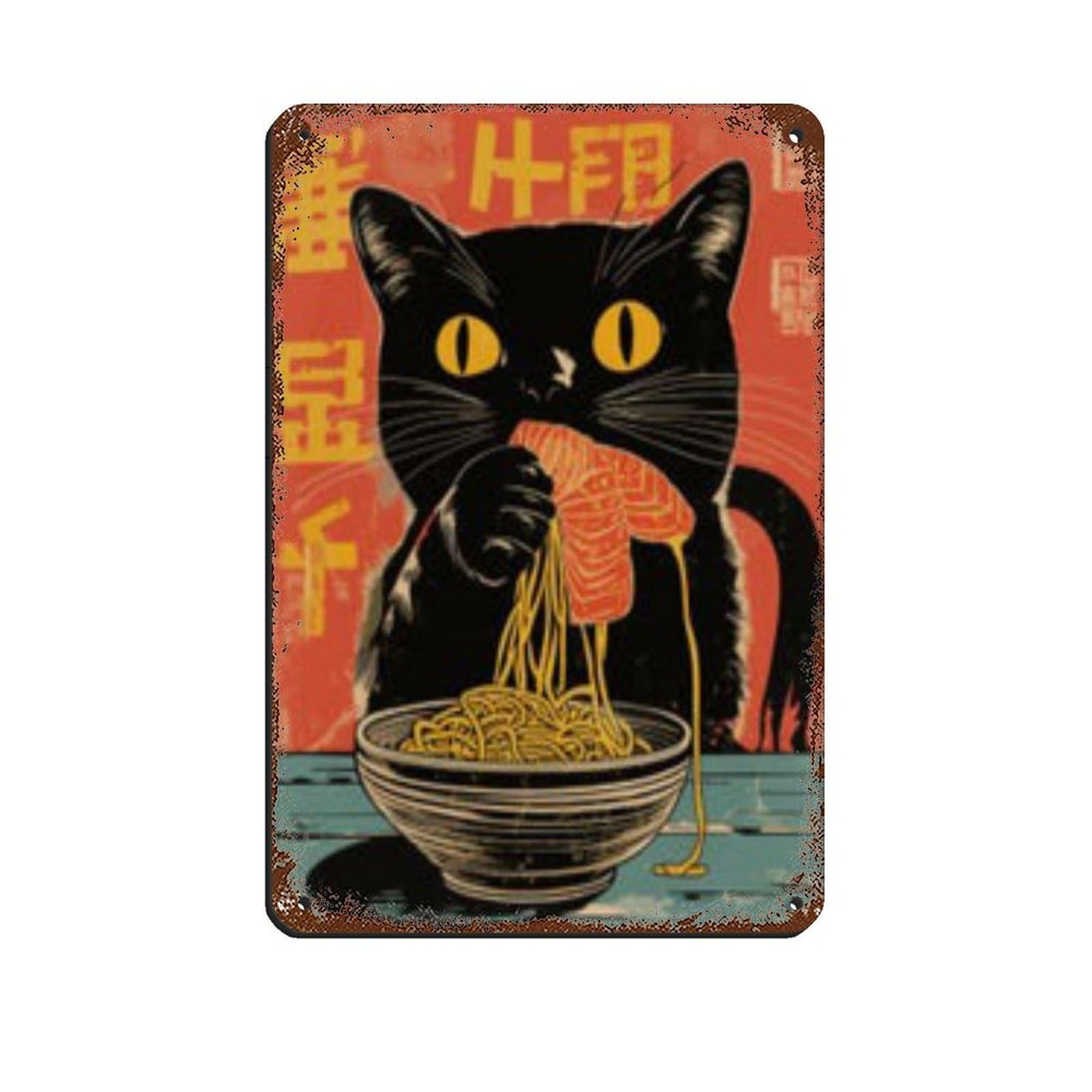 Lxwnze 20L X 30W Cm Eigenzinnige Zwarte Kat Die Ramen Eet Poster Tin Sign Vintage Metal Pub Club Cafe Bar Home Wall Art Decoration Poster Retro 8X12inch(20X30cm)