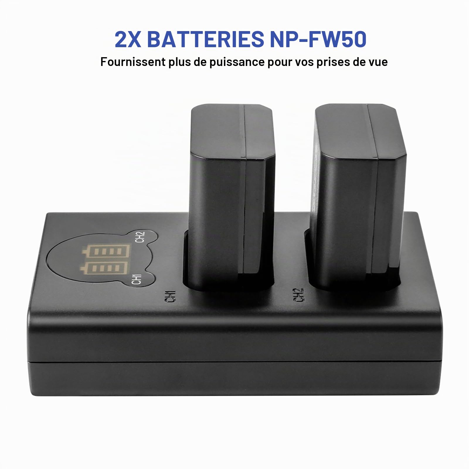 2 X NP-FW50 Batterie de Rechange et Chargeur Double Compatible avec Sony Alpha a6500, a6300, a6000, a7s, a7, a7s II, a5100, a5000, a3000, a7r, a7 II, NEX 3/5/7 Series