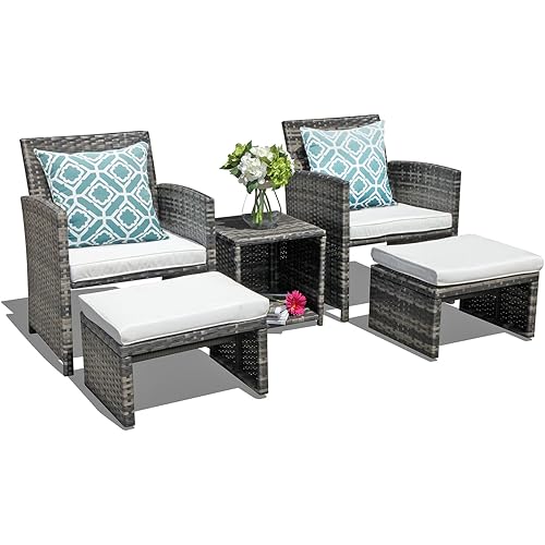 OC Orange-Casual 5 Piece Patio Furniture Set, Wicker Outdoor Conversation Chair and Ottoman Set with Coffee Table, Pillows Included, for Balcony, Porch, Deck, White