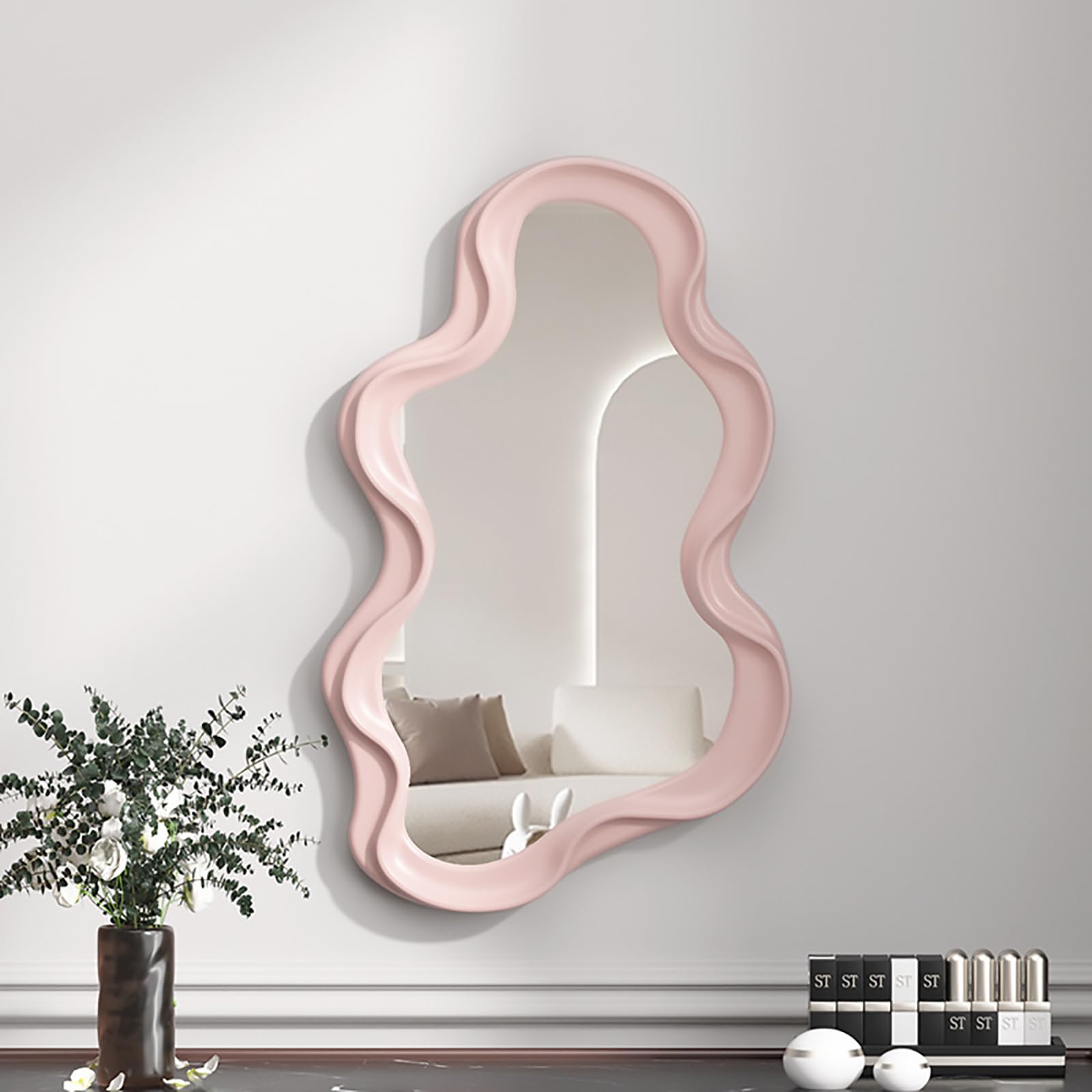 Miroir Mural Nuage irrégulier, Miroir Mural asymétrique, Miroir décoratif pour Salon, Chambre, Salle de Bain, entrée, Rose
