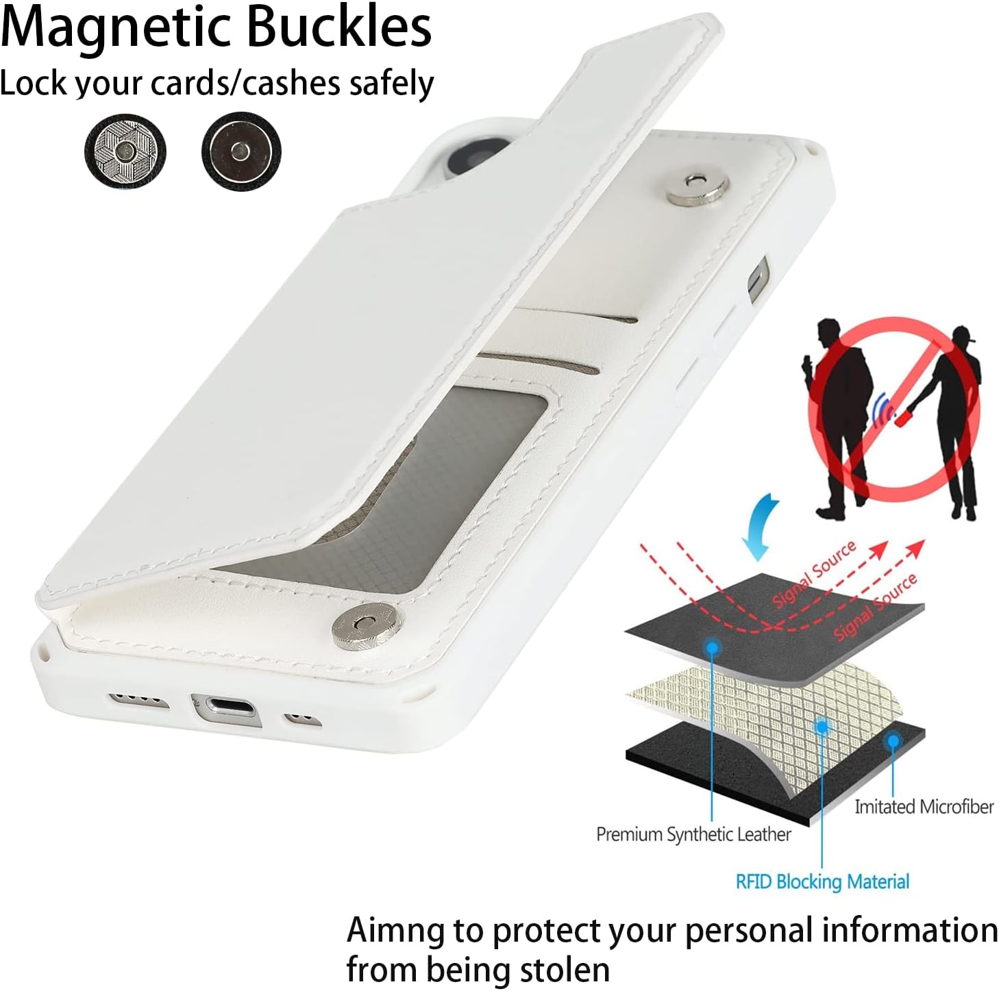 Cavor for iPhone 14 Case with Card Holder,Wallet Case with Credit Card Holders for iPhone14 Phone Case,PU Leather Card Slots Case[Kickstand][Wrist Strap] Shockproof Cover for Women Men- White - Image 4