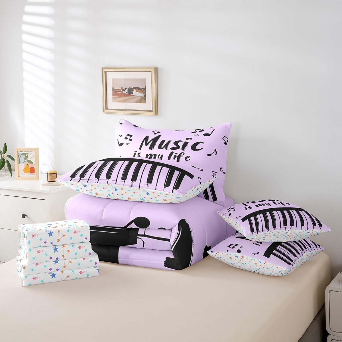 Loussiesd Musica Letto Trapuntato Strumento Musicale Piumino Letto Con Lenzuola 7 Pezzi 135x200cm(7-piece Set) Per Bambini Ragazze Ragazze Hip Hop Musica Rock