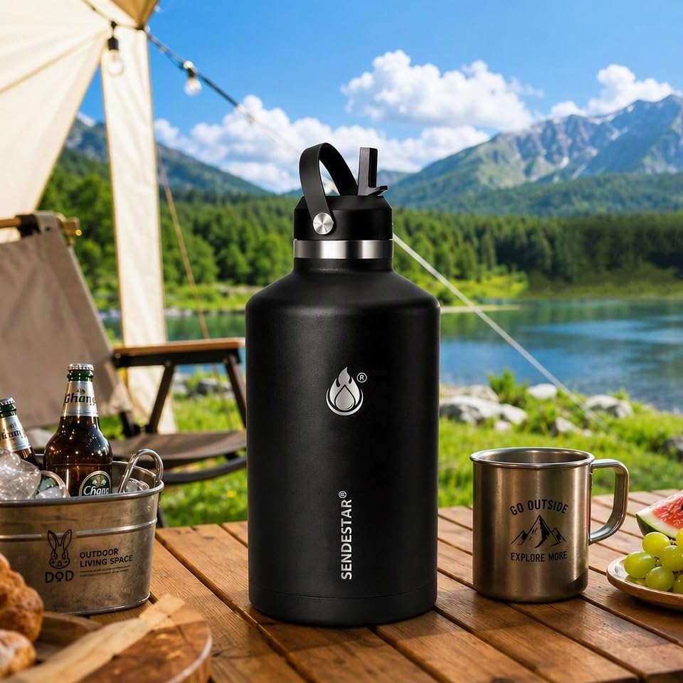 Image of Insulated Water Bottle 64 oz, Triple Wall Vacuum Stainless Steel Water Bottles(Cold for 48 Hrs), Leak Proof & Non-BPA, Half Gallon Water Flask Jug with Straw Spout Lids for Gym, Sports, Camping