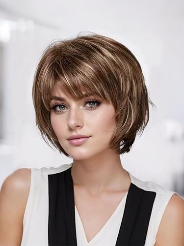 Brown Blonde Highlight Pixie Cut Wig with Bangs Bob Wigs