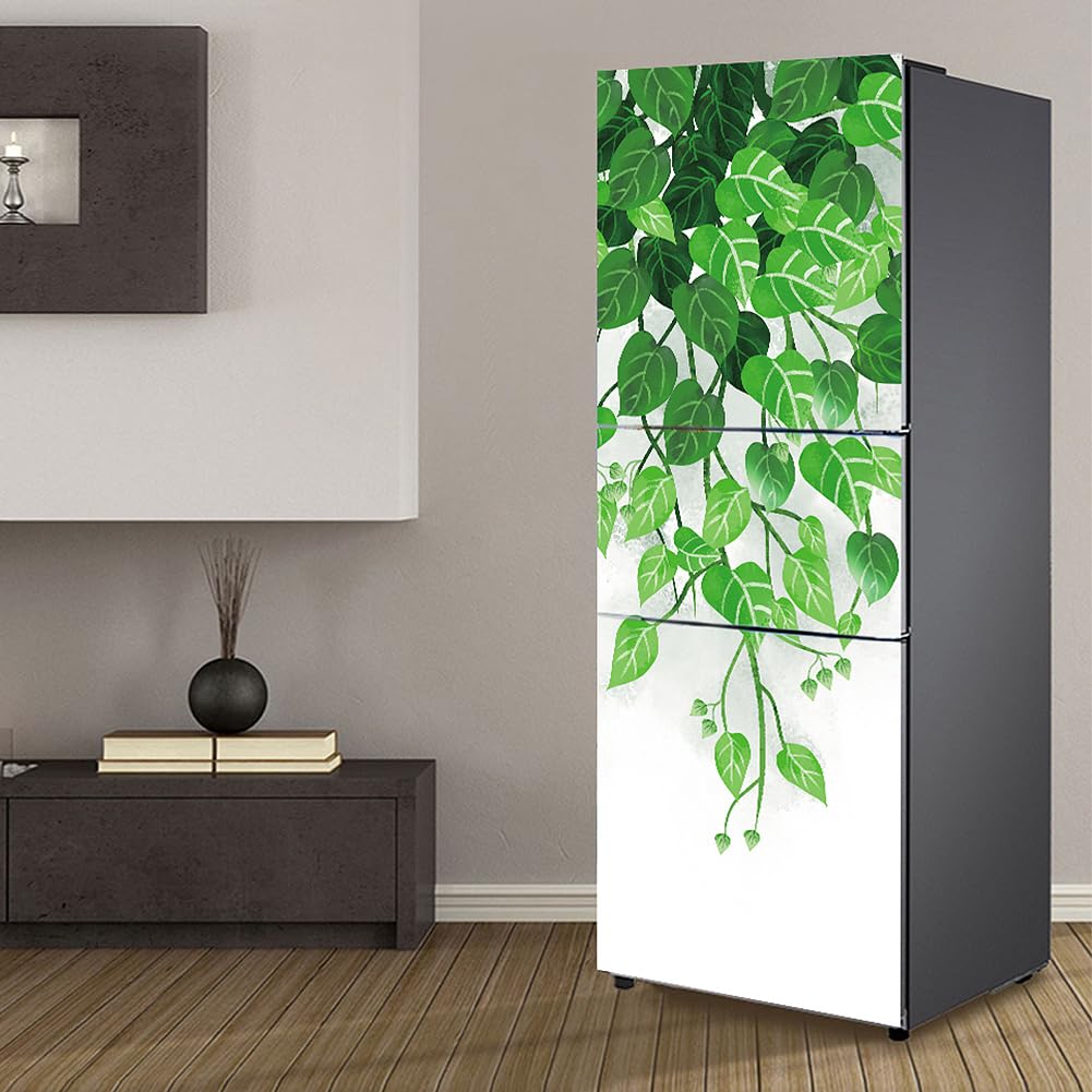Fridge Sticker, Fridge Sticker Full Covering Door Covers Skins Wall Stickers for Kitchen Decal, Green Leaves Spring(M: 60x180 cm)