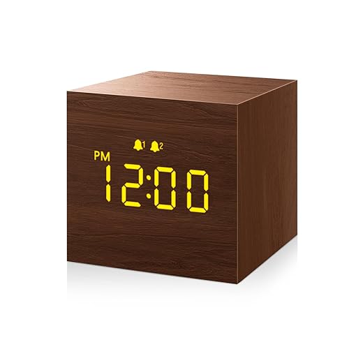 Digital Alarm Clock, with Wooden Electronic LED Time Display, 3 Alarm, 2 . 5 inch Cubic Small Mini
