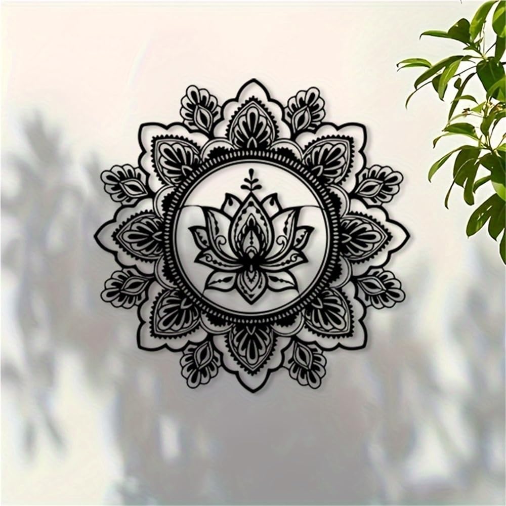 Decoración de pared abstracta contemporánea de metal con arte de loto, mural de mandala de flores de hierro, jardín zen para exteriores para espacio de meditación, estudio de yoga o patio (50 cm/