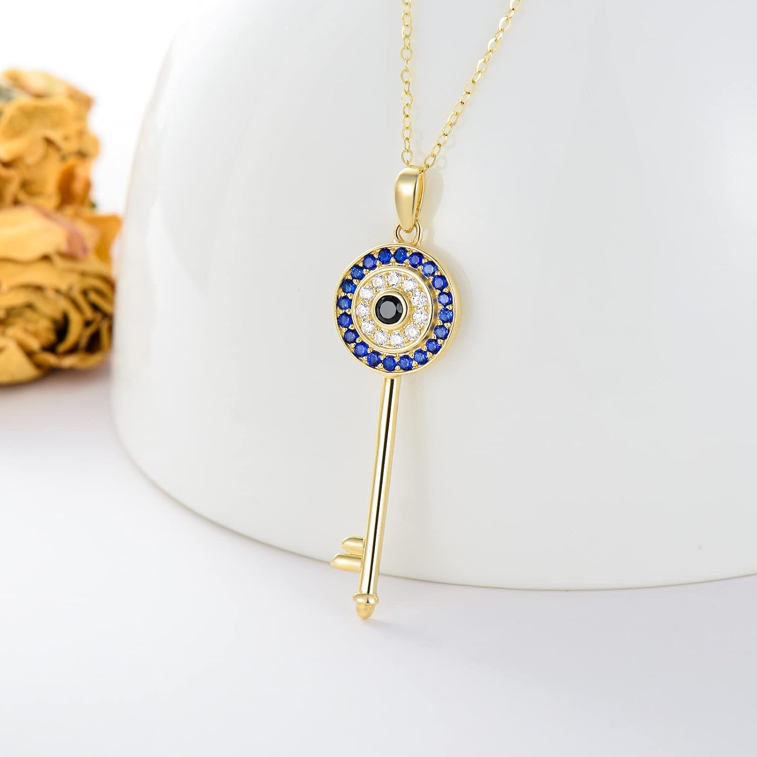SISGEM Solid 14K Gold Evil Eye Necklace for Women, Real Gold Key Pendant Necklace Fine Jewelry Anniversary Birthday Gifts for Her, Wife, Mom,16''+2''