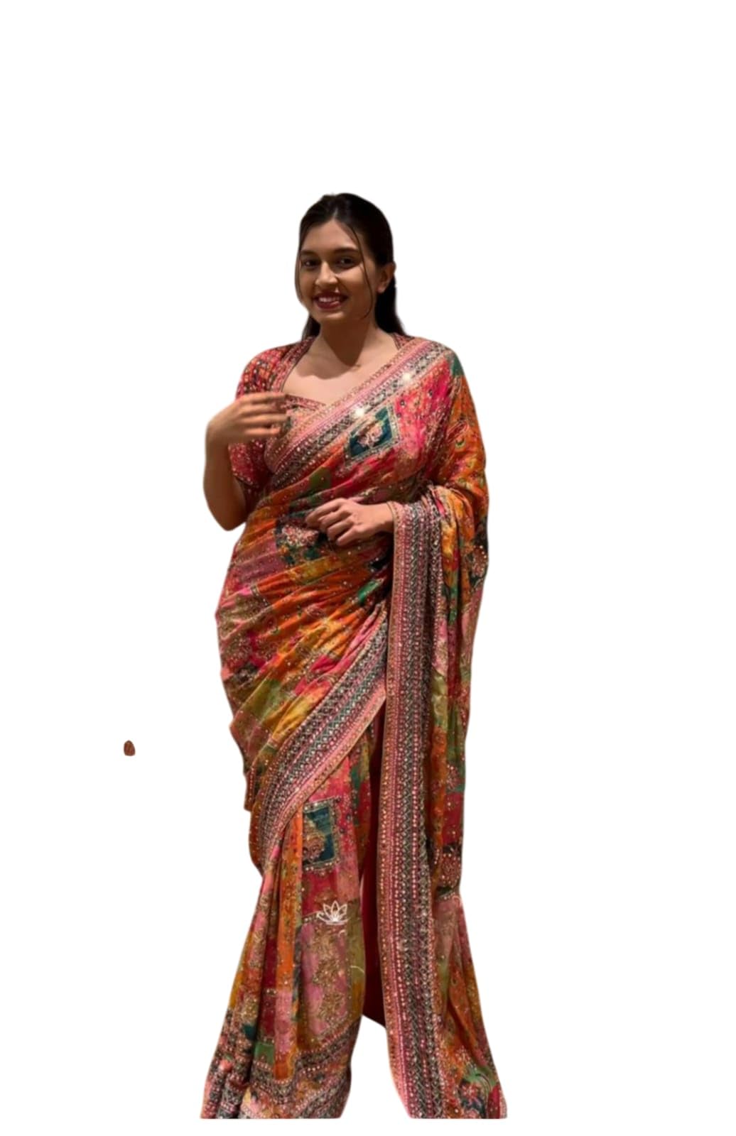 Multicolour Printed Saree with Embellished Blouse, Floral Patchwork Design,Mirror Work-image-31
