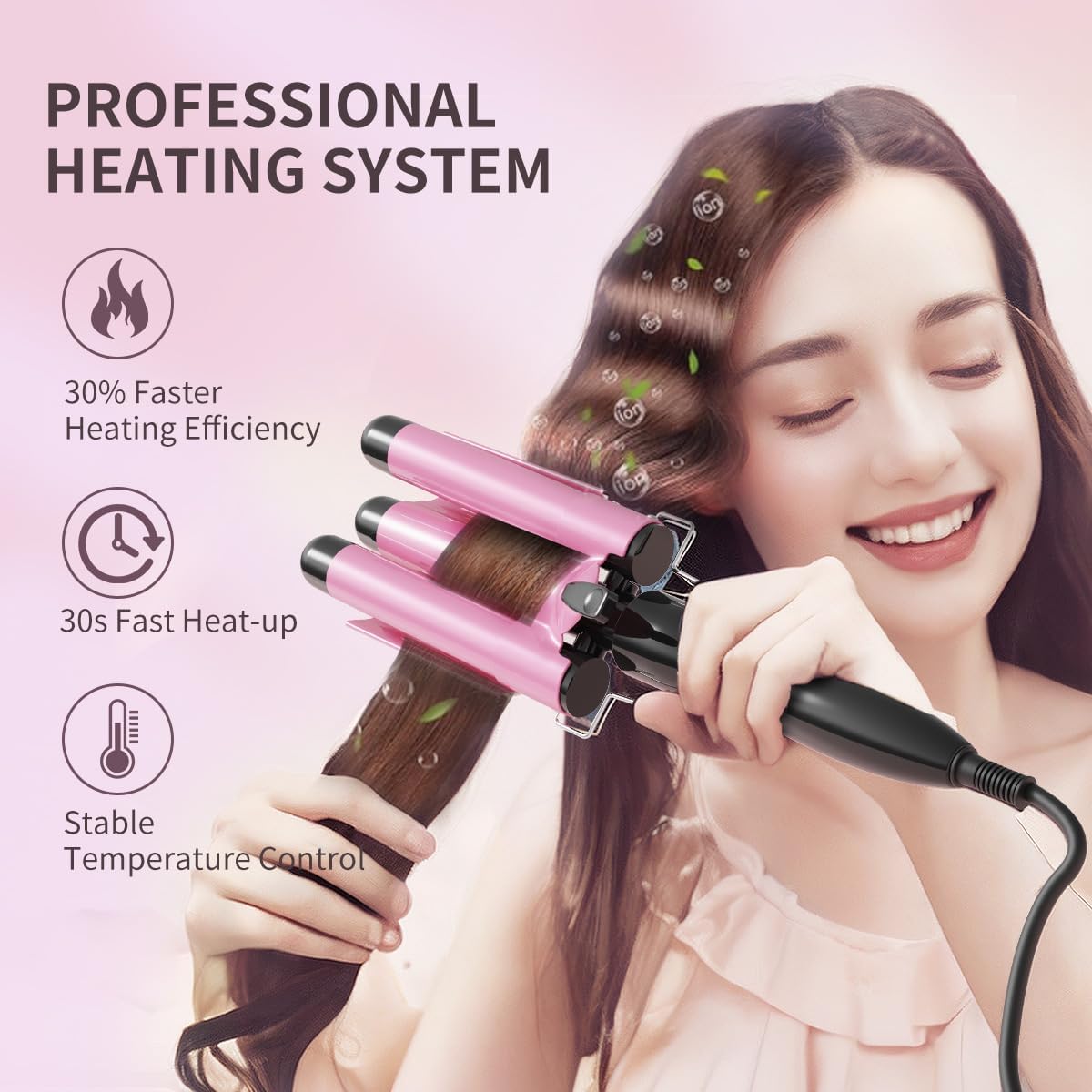 3 Barrel Curling Iron, 1 inch Crimper Hair Tool,Ergonomic Grip,Volumizing & Anti-Scald Hair Curler,Two Temperature Settings, Crimping Waver for Women Beach Waves, Pink