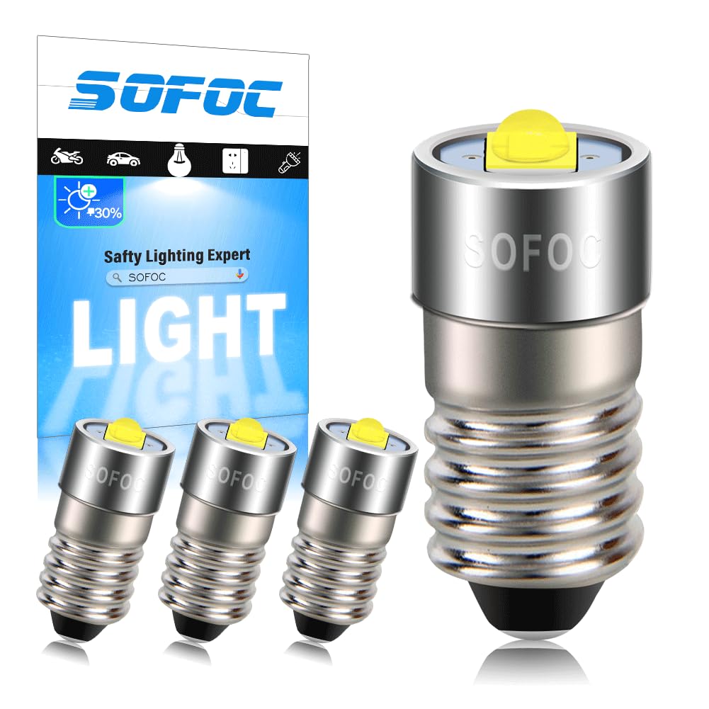 SOFOC 4Pcs E10 LED Torch Bulb 6V-30V 9V 12V 18V 24V 6500K Cool White DC for Flashlights Camping & Hiking Headlamps Penlights for Maintenance 1SMD 30% Brighter