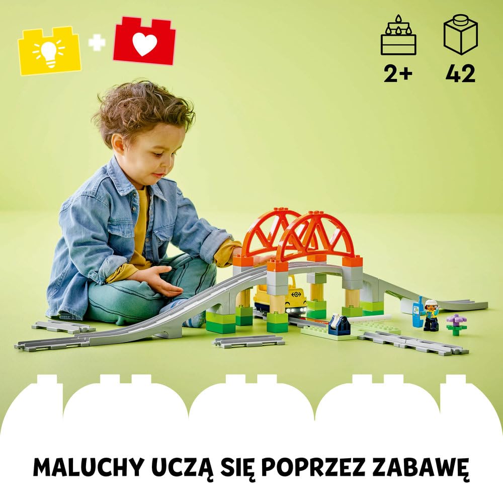 LEGO DUPLO Most i tory kolejowe — zestaw rozszerzający 10426 | Zestaw klocków dla 2-latka, tory kolejowe, prezent dla chłopca i dziewczynki, most i szlaban, 42 elementy