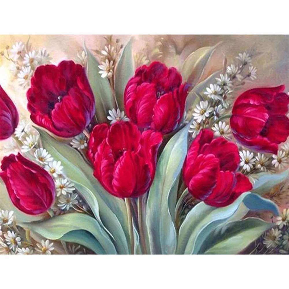 Broderie diamant 5D tulipe rouge kit complet peinture strass round drill 50x70cm