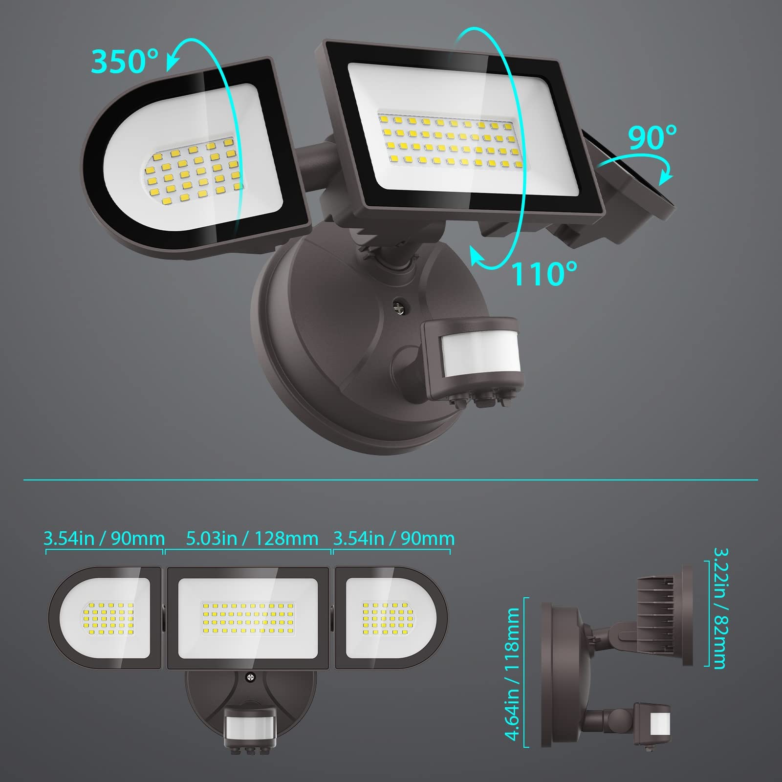 iMaihom 50W Motion Sensor LED Security Light, 4600LM Super Bright Flood Lights Outdoor, 6500K Exterior Floodlight, IP65 Waterproof, 3 Head Adjustable Motion Detector Light for Yard Garage (Brown)