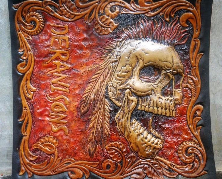 Punk Skull, Indian Skull, Men's 3D Genuine Leather Wallet, Long wallet, Biker Wallet, Handmade wallet, Carved wallet, Airbrush Art, Custom wallet, Personalized wallet2