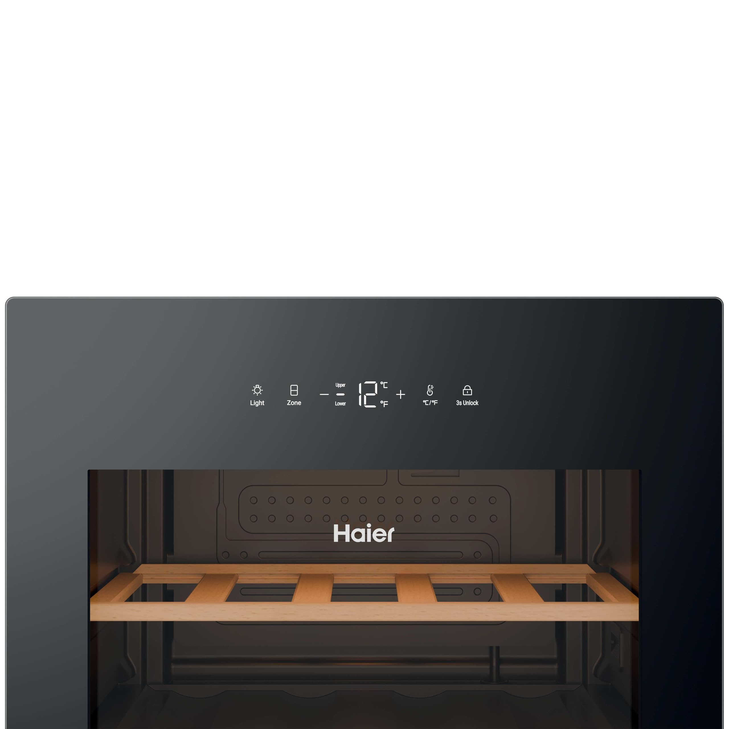 Haier Wine Bank 50 Series 5 HWS32GDG - Vetrina da 32 bottiglie, 2 zone indipendenti, ripiani in legno, filtro anti-UV, sistema anti-vibrazione, display digitale, illuminazione a LED, 37 dbA, nero
