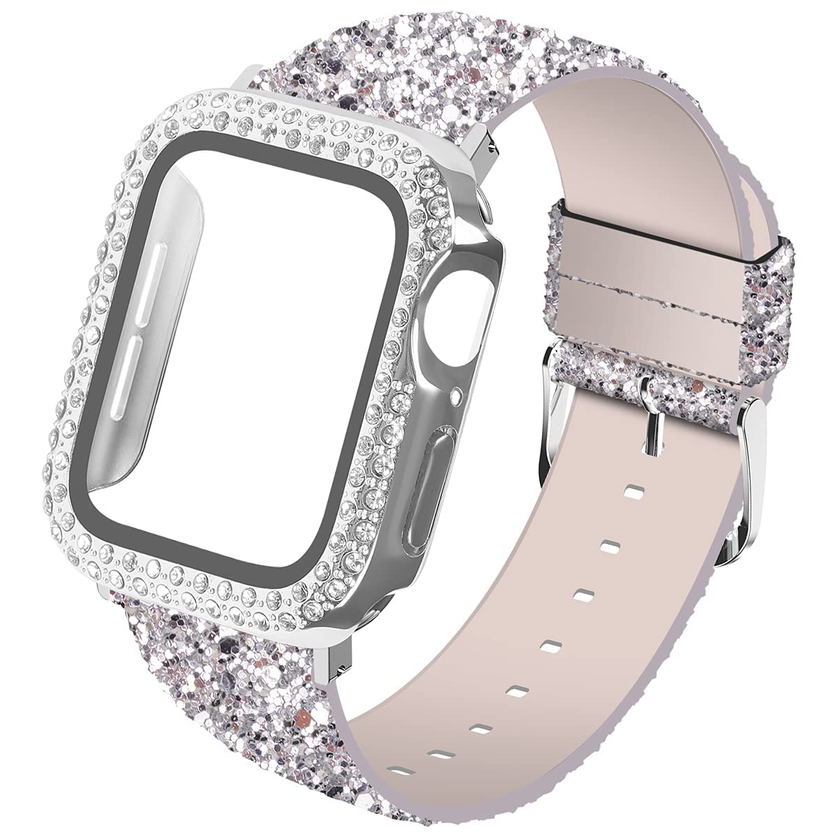 Wolait Compatible with Apple Watch Band with Glass Screen Protector 45mm 44mm 40mm 41mm,iWatch Leather Glitter Sparkly Wristband Bracelet with Bling Diamond Case for iWatch SE Series 8 7 6 5 4 Women