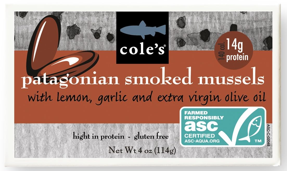 - Cole’s Patagonian Smoked Mussels Canned with Lemon & Garlic in Extra Virgin Olive Oil | 4oz Hand-Packed Tinned Mussels | 14g Protein | Single Unit