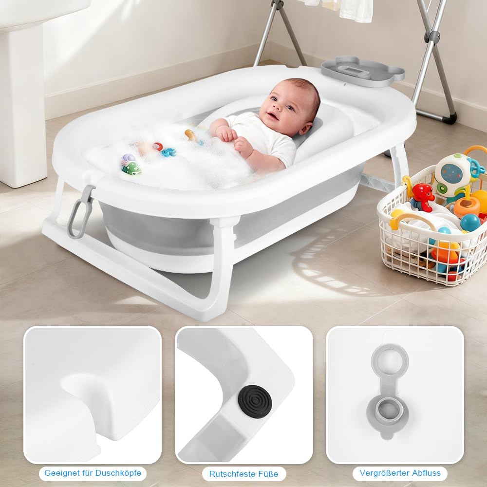 MUL-BOUTIQU - Bañera grande para bebé plegable con asiento de baño, termómetro y cojín – Bañera de bebé en pie – ideal para regalo de nacimiento niña o niño (oso gris)