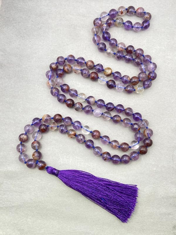 Natürliche AAA Super Seven 108 Mala-Halskette | 108 Mala-Halskette mit Gebetsperlen | Handgeknüpfte Mala aus Lapislazuli | Japa Mala | 6 mm runde Perlen | Meditationsquaste | Buddhistische Mala