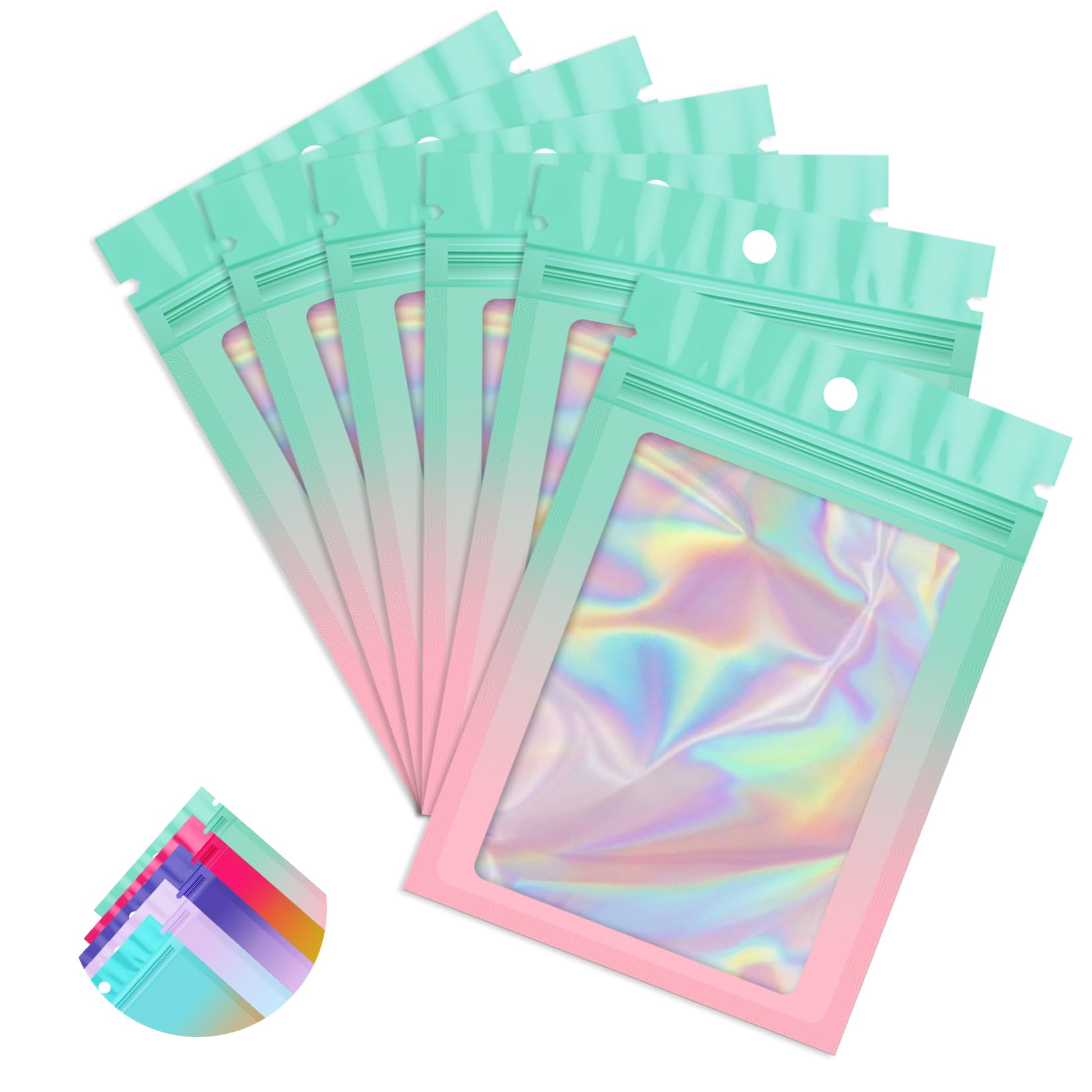Funfery 100 Pack Gradient Holographic Bags,Mylar Resealable Bags with Zipper,Clear Window Packaging Pouchs,Smell Proof Foil Bag for Food Storage,Sample Jewelry Bag(2.7x3.9In,Green Pink)