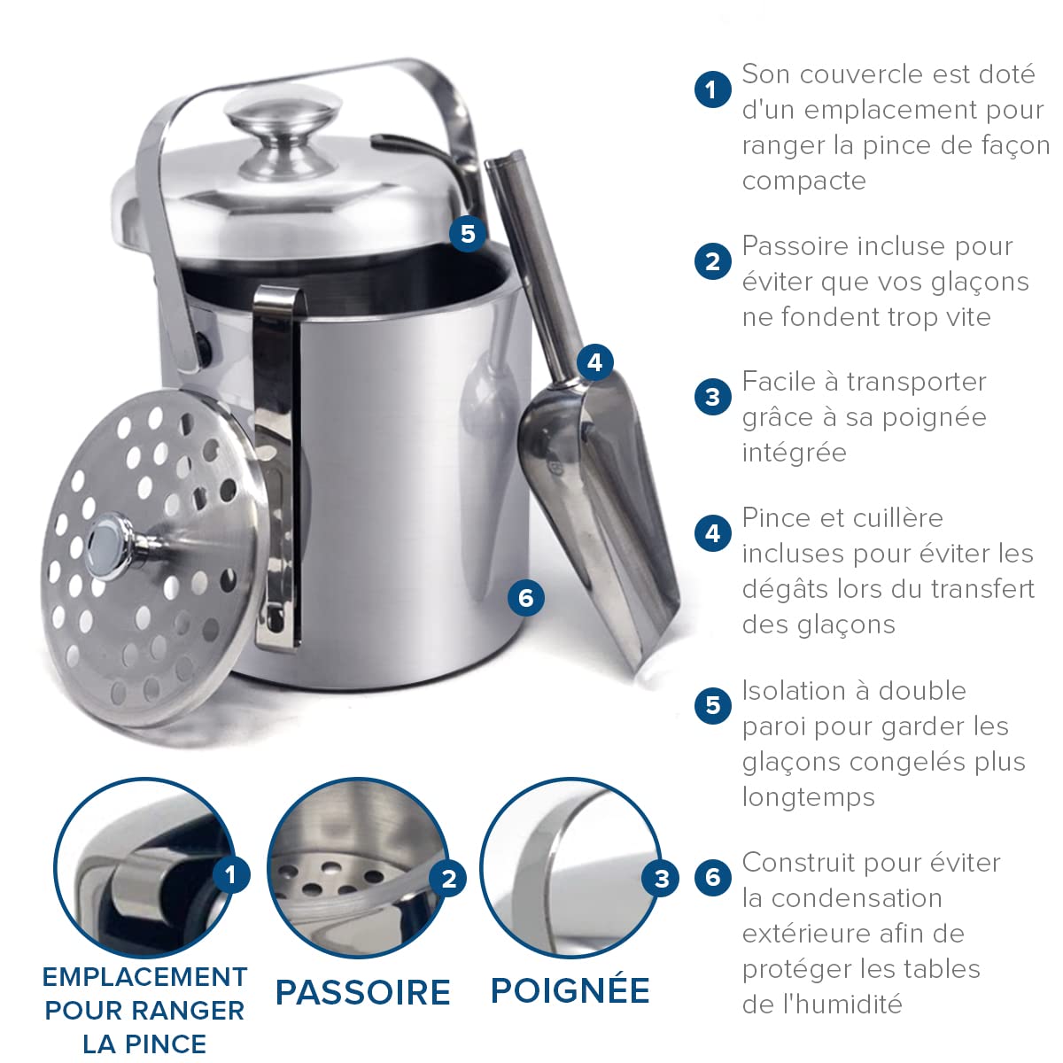 Joejis Seau a Glacon Isotherme avec Pinces Poignée Couvercle 1,5L Double Paroi en Acier Inoxydable - Seaux et Pinces à Glaçons - Rafraîchisseur Champagne