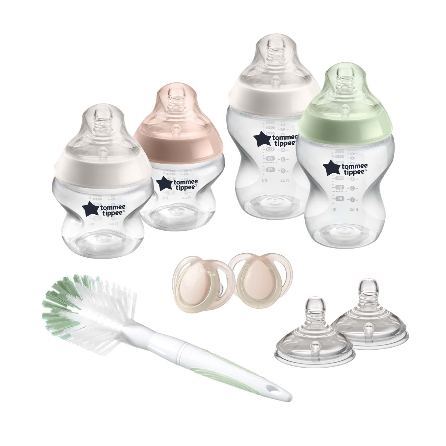 Tommee Tippee Closer to Nature Babyflaschen Starterset, Natürlich geformter Trinksauger mit Anti-Kolik-Ventil, Verschiedene Größen, Klar (Farbe und Design kann variieren)