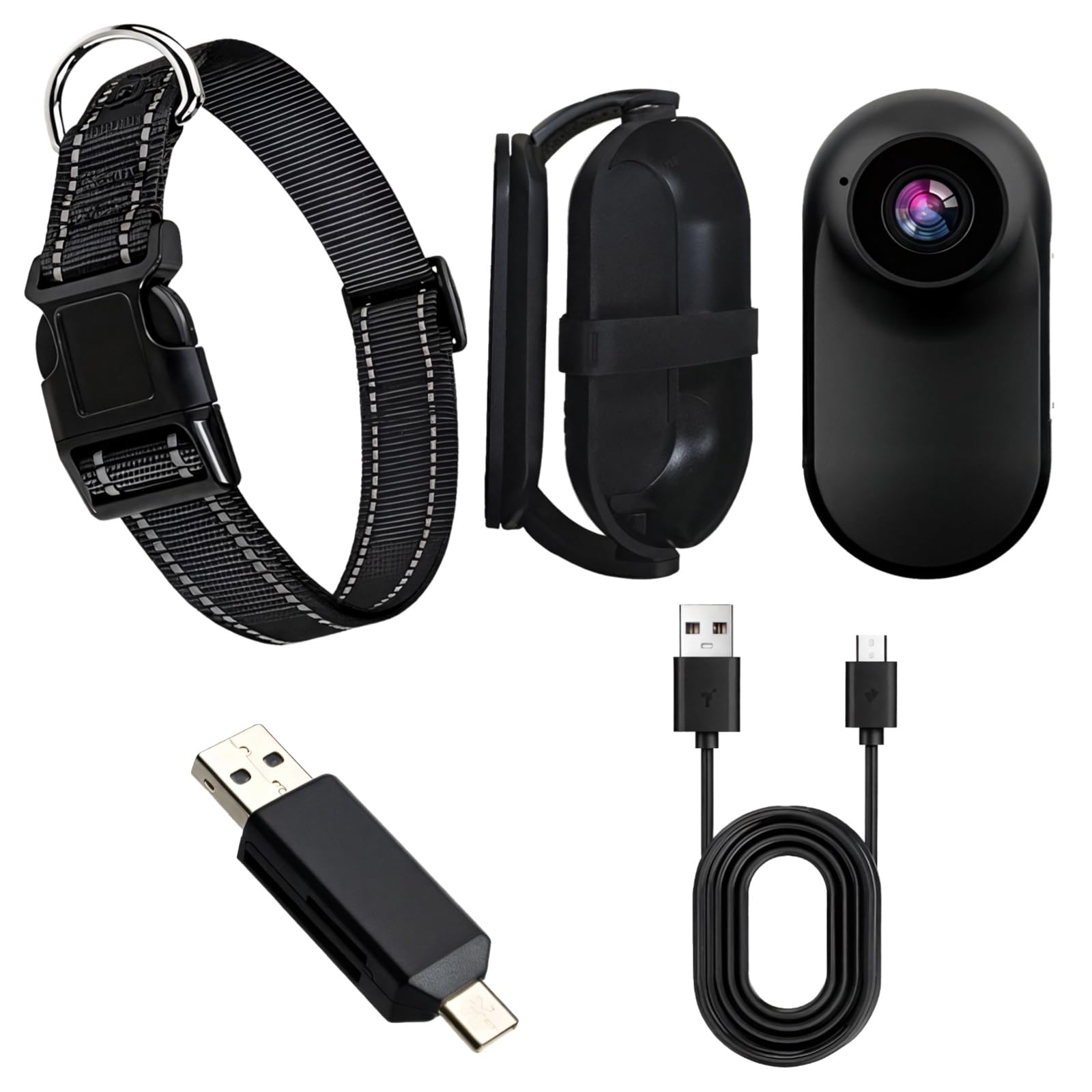 Cámara de collar para perros y gatos con montaje de 360°, collar ajustable, adaptador OTG y cable USB, mini cámara de acción para mascotas, cámara corporal HD para gatos y perros, grabación en