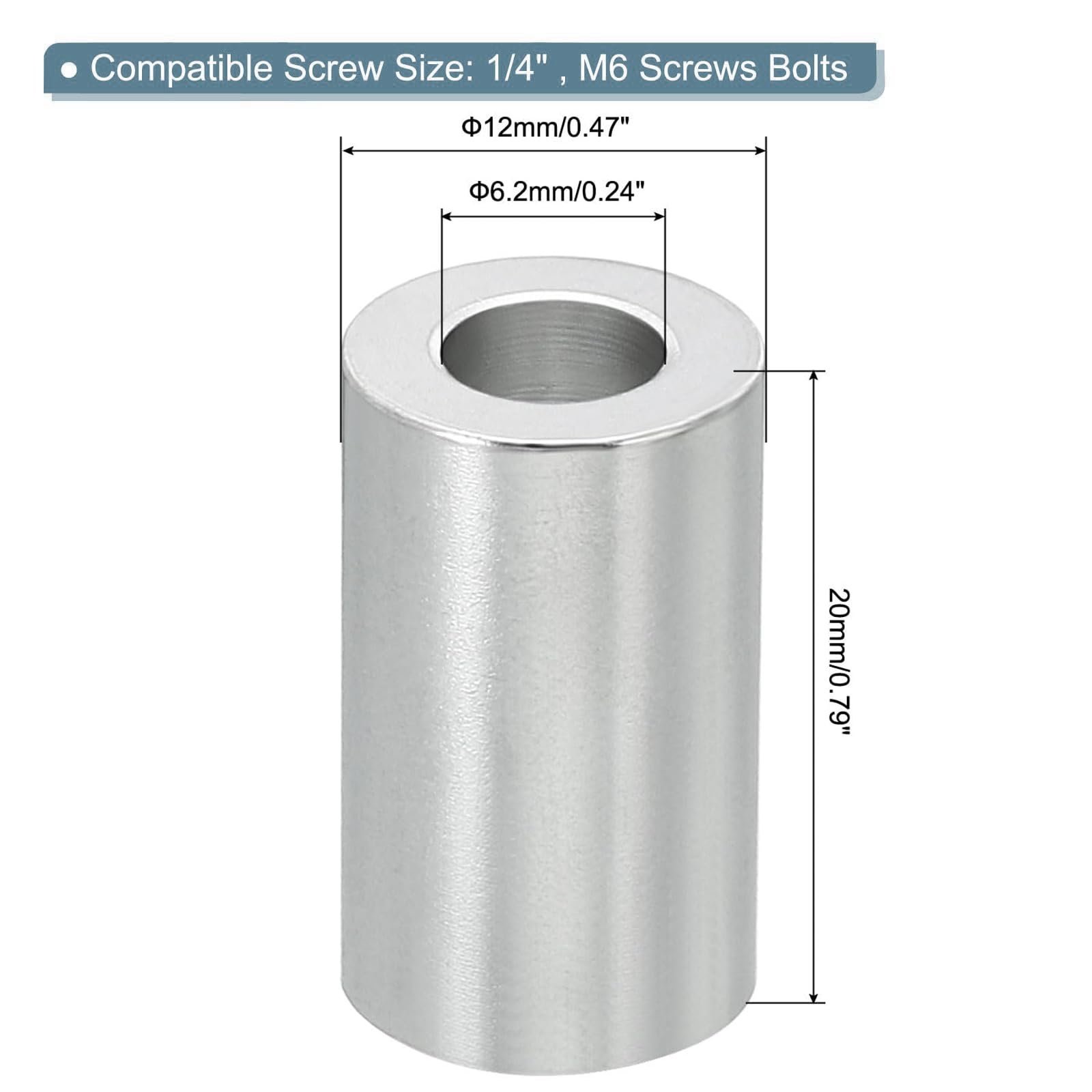 TOP-VIGOR 5Pcs M6 Aluminum Spacer, 6.2mm ID x 12mm OD x 20mm Length Metal Spacer - Image 2