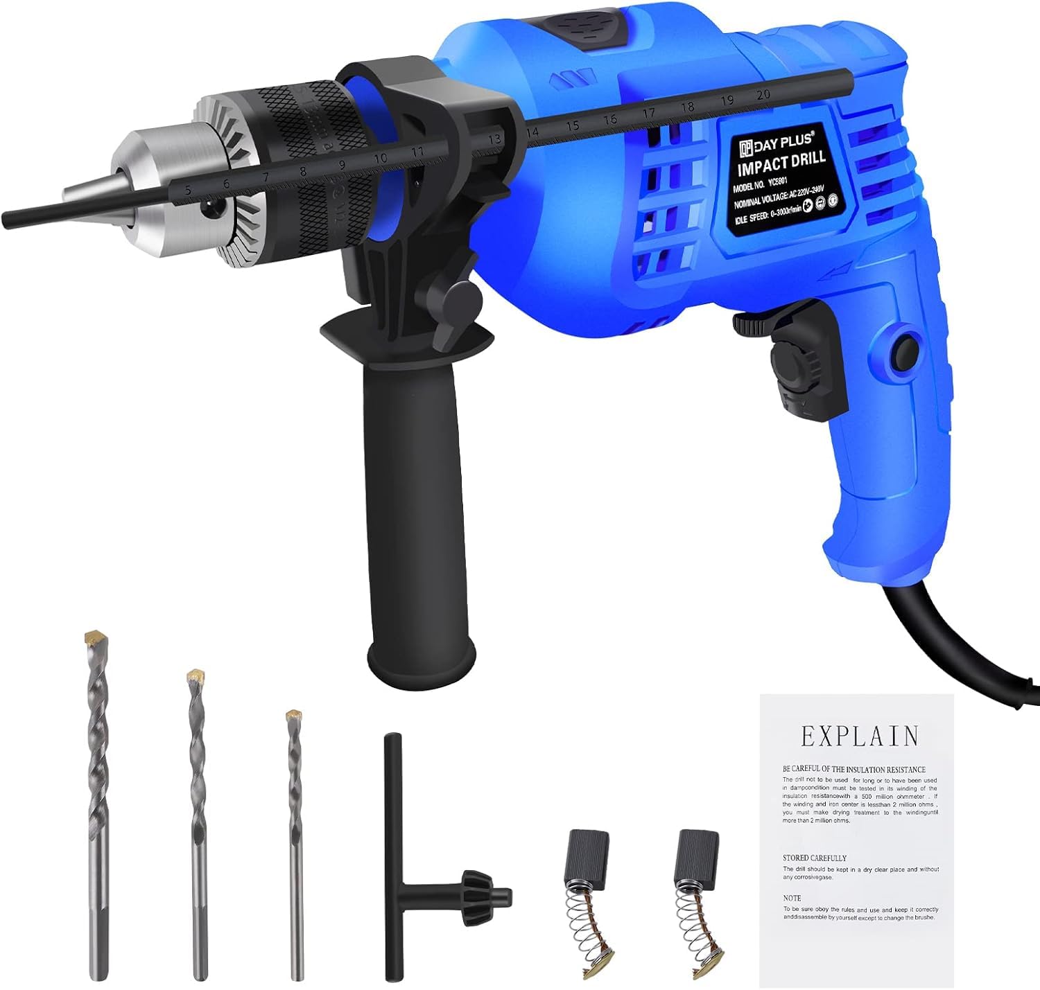 Hammer Drill Tool, 2 in 1 Electric Corded Impact Drill, 850W Corded Electric Impact Drill 3000rpm Variable Speed, for Home, Garden, DIY