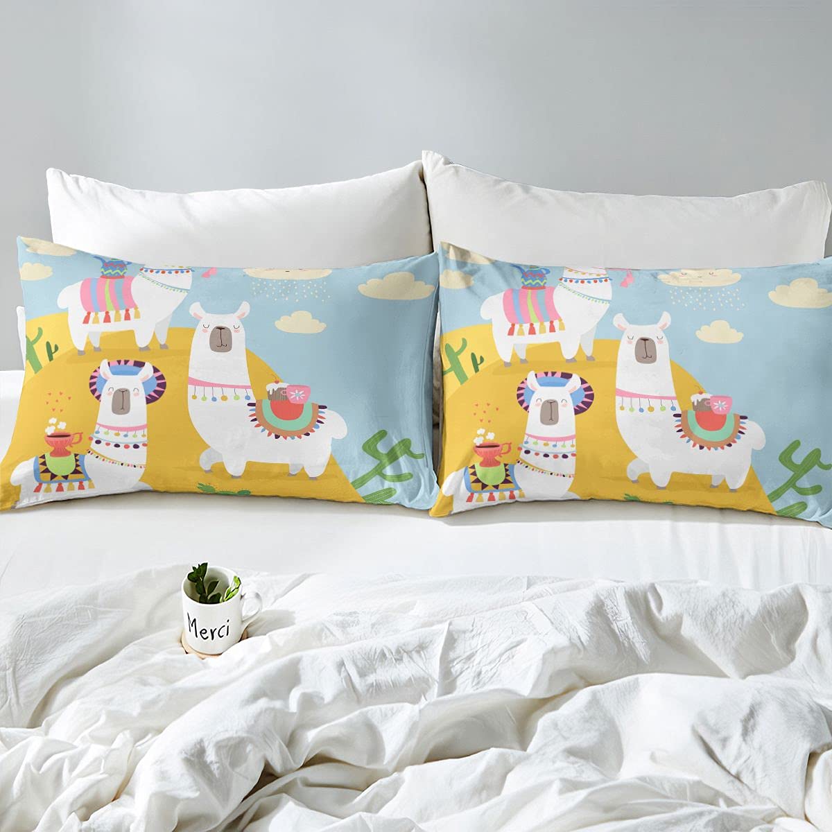Juego de ropa de cama con diseño de llamas, de dibujos animados, de llama, de desierto, de alpaca, ropa de cama y lino para niños, niñas, adolescentes, animales, funda de edredón transpirable, funda