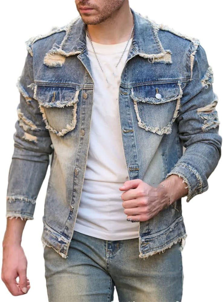 Men Streetwear Solid Ripped Slim Denim Jacket Male Holes Casual Jacket Coat Casual Classic Denim Jacket