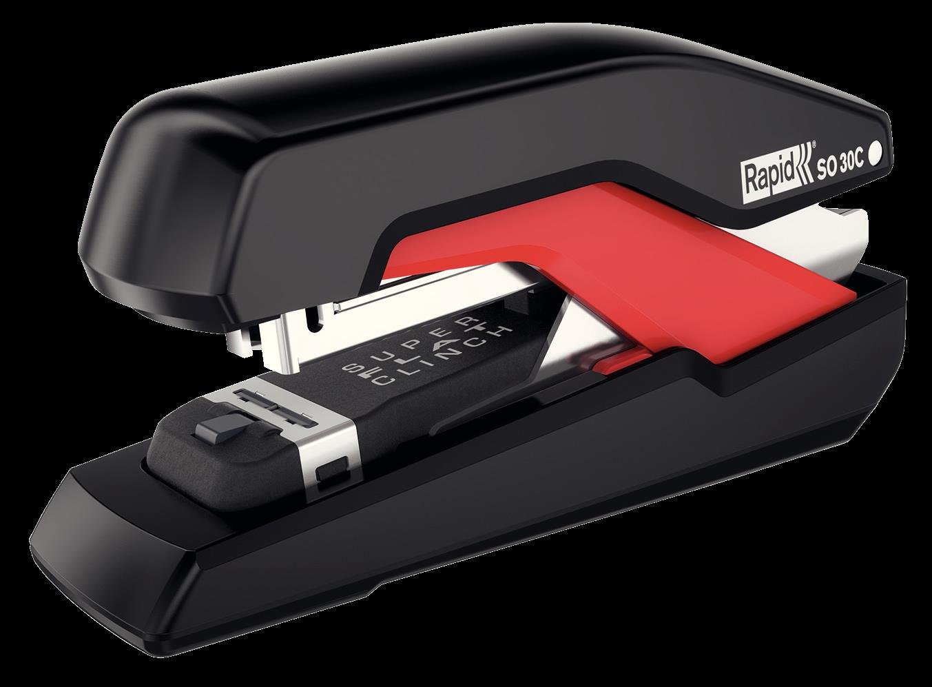 Rapid Supreme Omnipress SO30c Half Strip Stapler, 30 Sheet Capacity, Compact Design, Low Effort Stapling, Super Flat Clinch Stapling, Includes Staples, Black/Red, 50005550