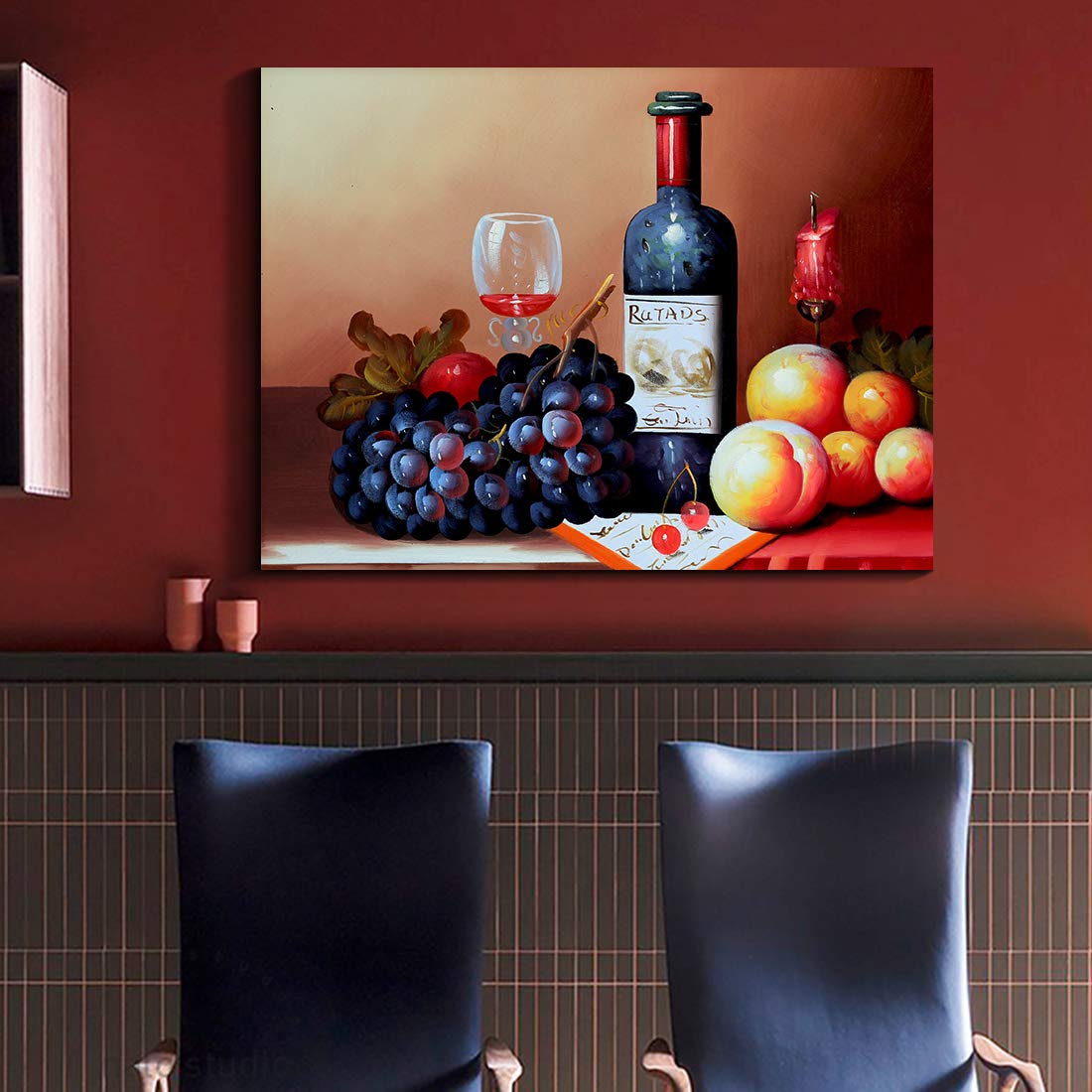 Denozer - Wall Art for Kitchen Canvas Artwork Fruits Grapes Wine Bottle Foods Canvas Painting for Dining Room Wall Decor Home Decoration - 48x36 inches