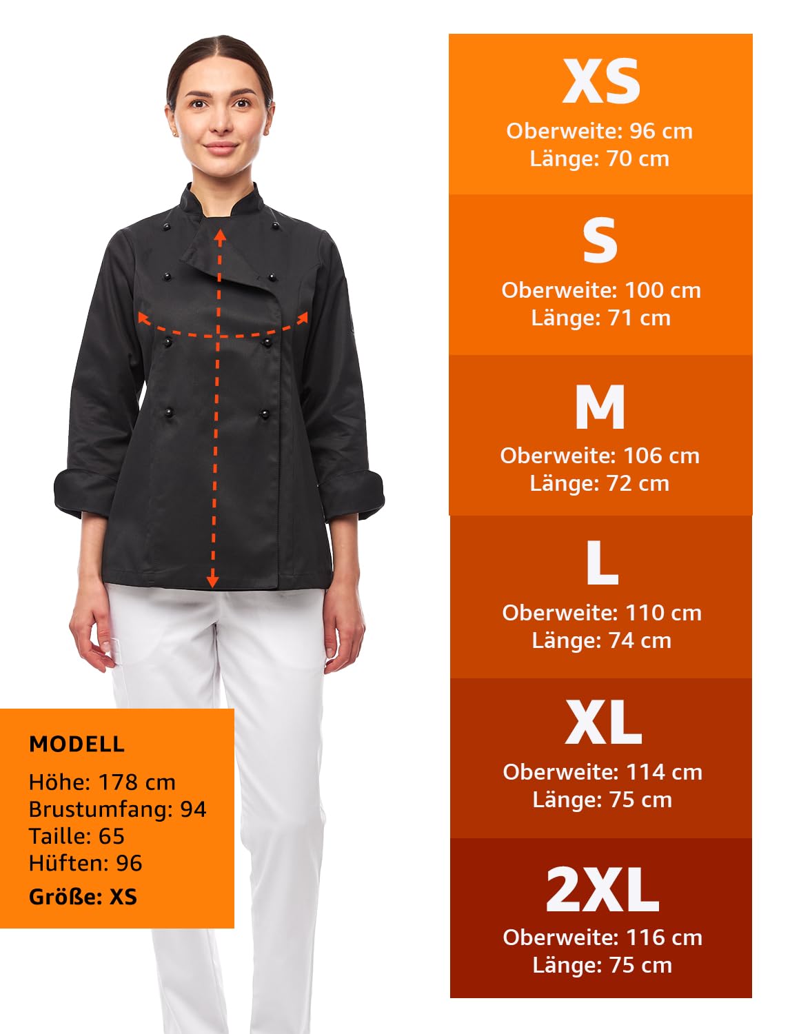 strongAnt Damen Kochjacke Langarm inkl. Kugelknöpfe aus easyClean Baumwolle. Kochuniform, Bäckerjacke -. Farbe: Schwarz