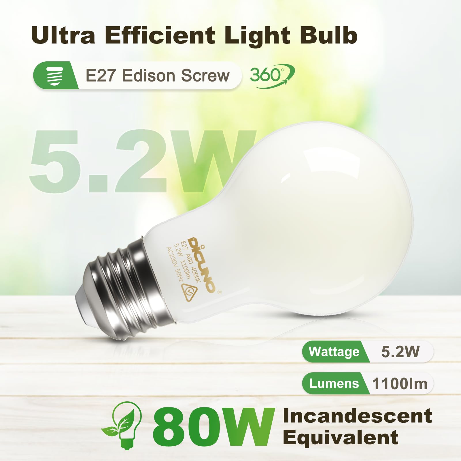 DiCUNO E27 Edison Screw Light Bulb, 5.2W (80W Equivalent), Glass Filament Bulb A60, Energy Efficient A Class LED, 4000K - Image 3