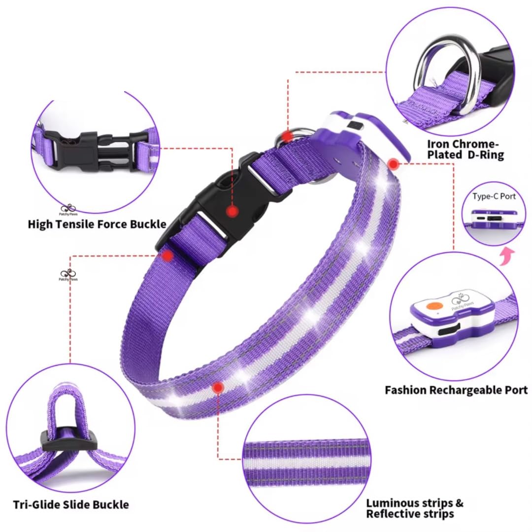 PATCHY PAWS, Matching LED Dog Collar & Lead Set, Rechargeable USB-C Light-Up Leash & Glow-in-the-Dark Collar for Night Walks - Image 4
