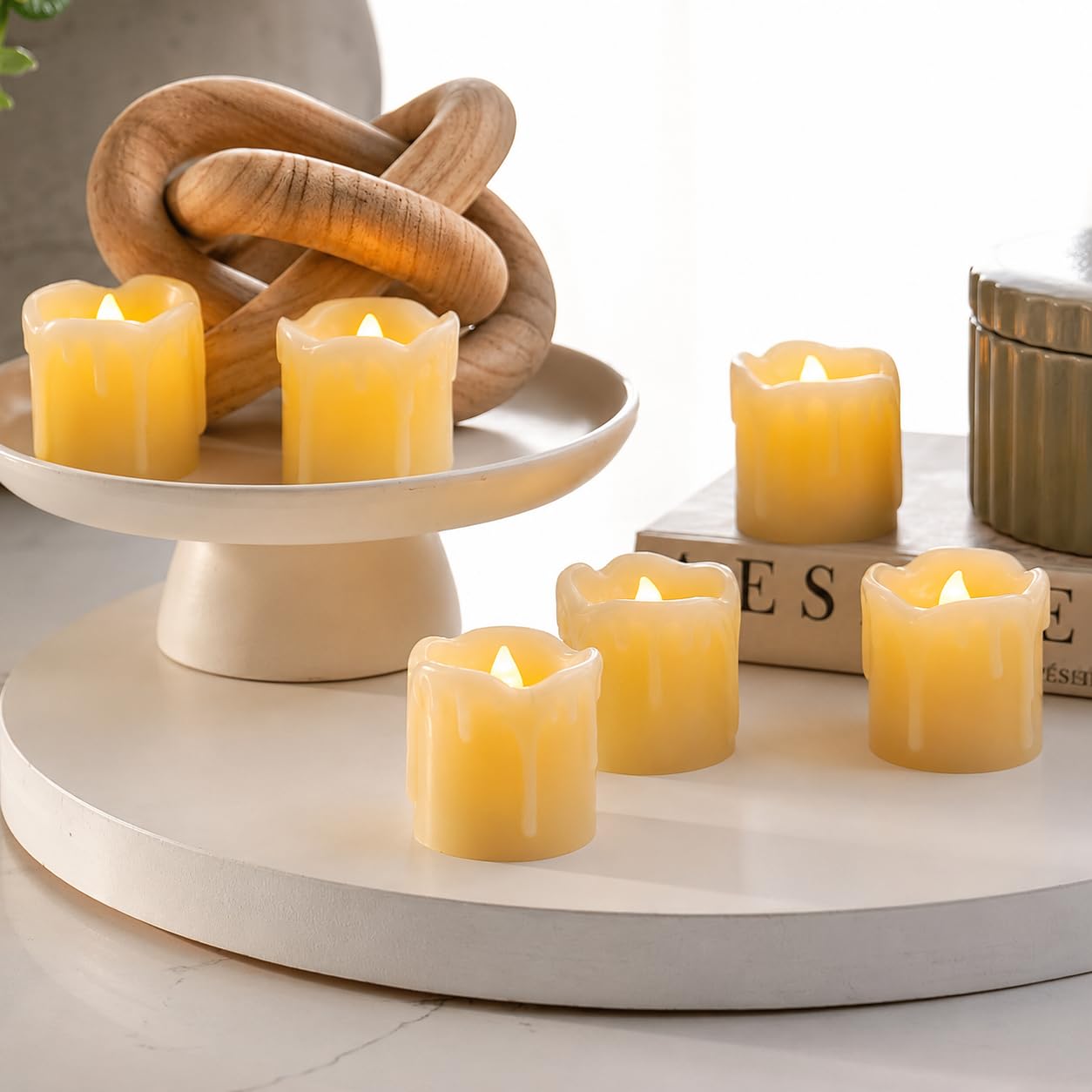 Festive Lights - Set of 6 Cream Real Wax Mini Tea Light Candles - Warm White Flickering LEDs, Dripping Tear Effect, Batteries Included - Indoor Home, Wedding, Event Decor, Flameless Mood Lighting