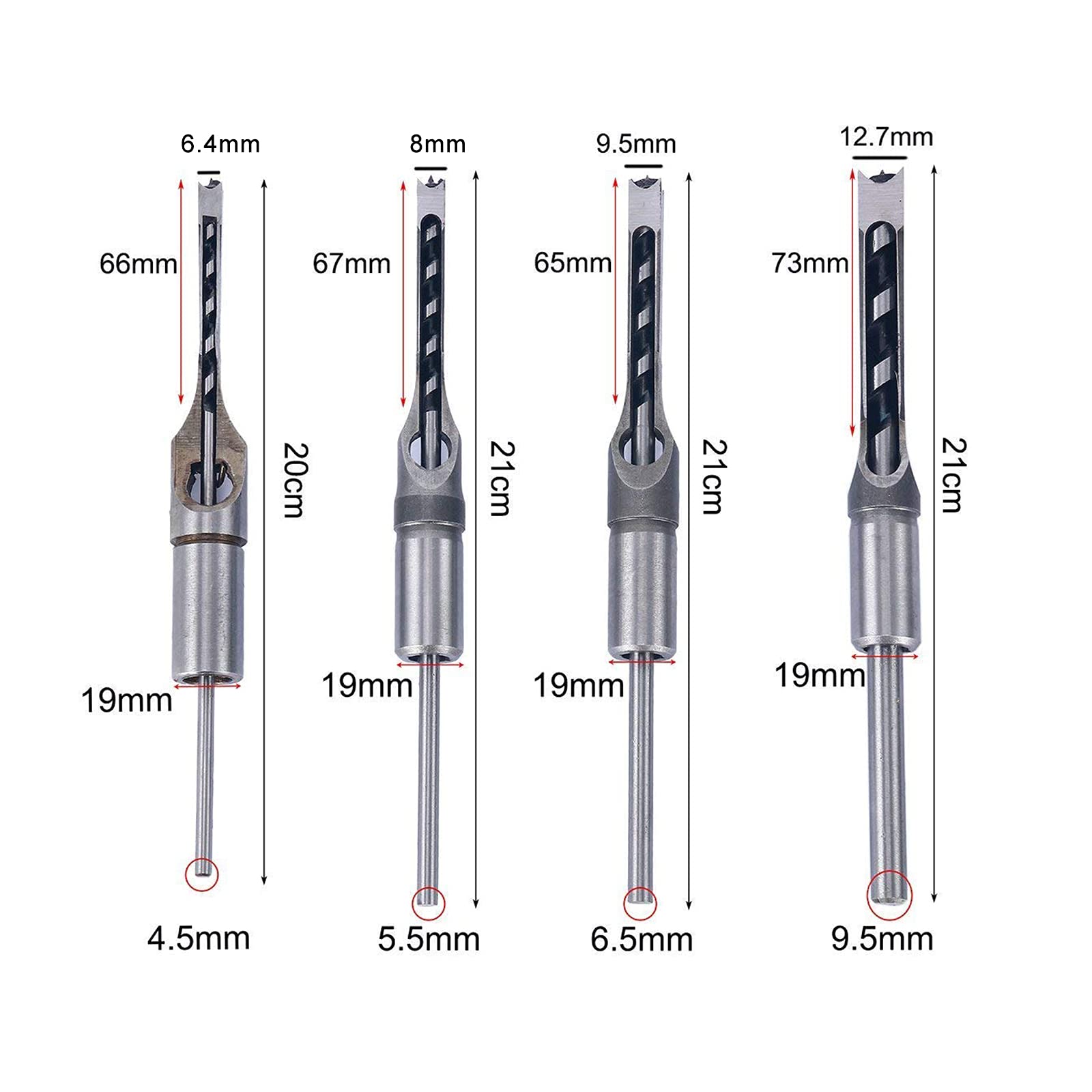 8MILELAKE 4pcs Square Hole Drill Bits, Woodworking Spiral Mortising Chisel Drill Bit Durable Hole Saw Kits 1/4 inch, 5/16 inch, 3/8 inch, 1/2 inch