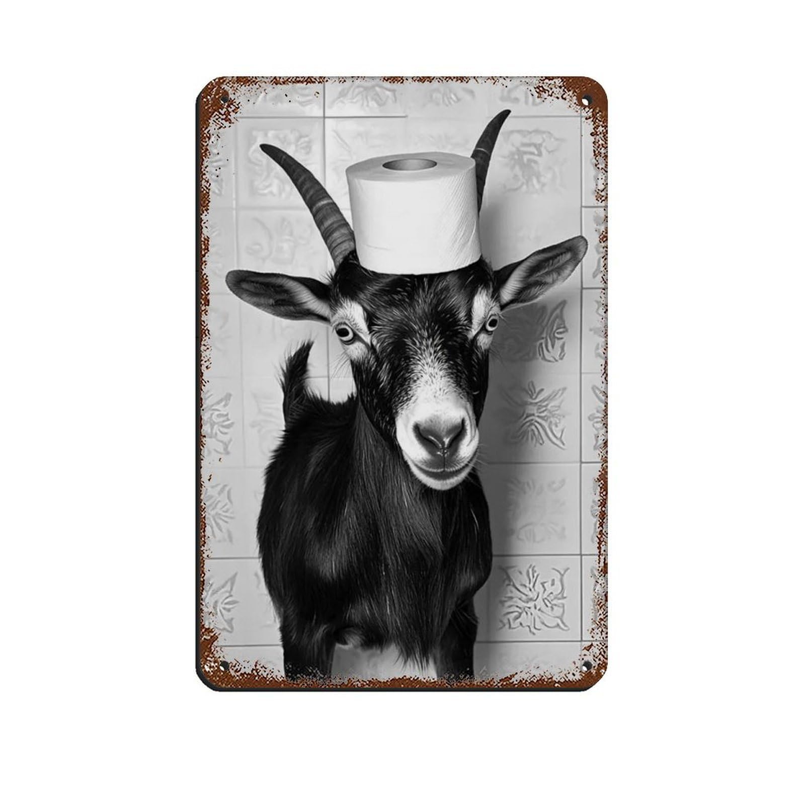 Goat with A Toilet Paper Roll on Head Retro Poster Metal Tin Sign Chic Art Retro Iron Painting Bar People Cave Cafe Family Garage Poster Wall Decoration 8x12inch(20x30cm)
