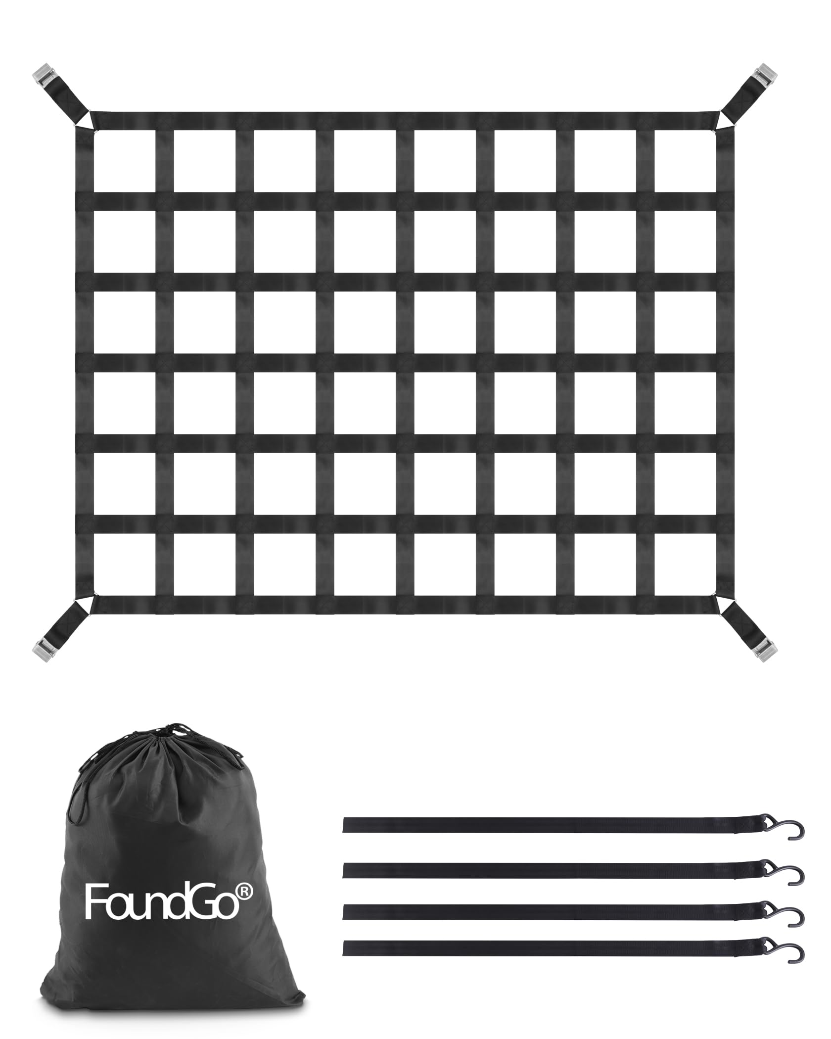 FoundGo Gepäcknetz für Pickup LKW Ladefläche [167x127cm 4.6cm Bandbreite] Schwerlast Anhängernetz Reißfest Heckklappe Frachtnetz Verstellbar für Pickup LKW Anhänger inkl. 4X Festen Gurten