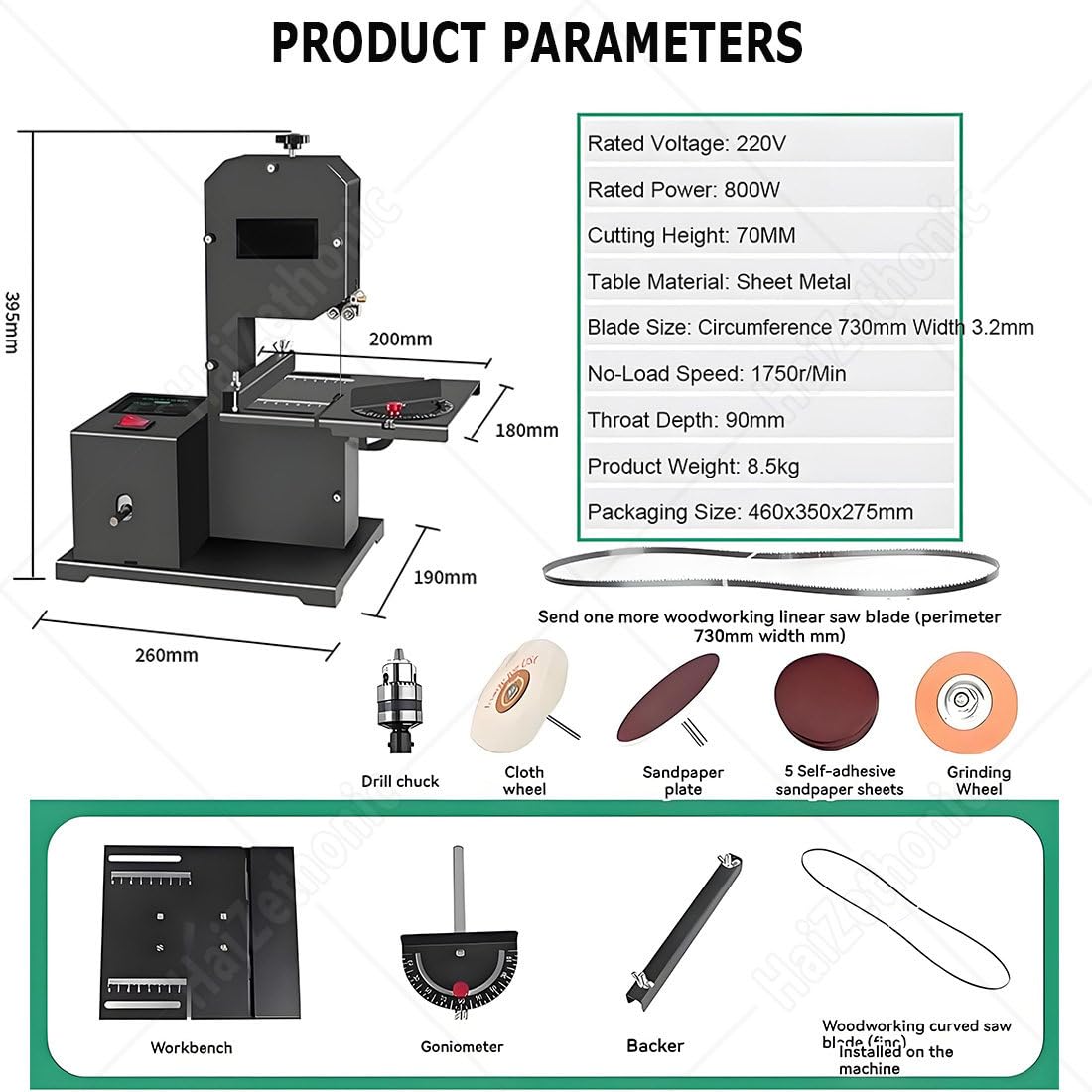 Sierra De Cinta De Sobremesa Profesional,Sierra De Cinta Multiusos Automática De 800 W, Cortes Rectos/Curvos/Arcos/Multiángulo, Ideal para Moler Y Pulir