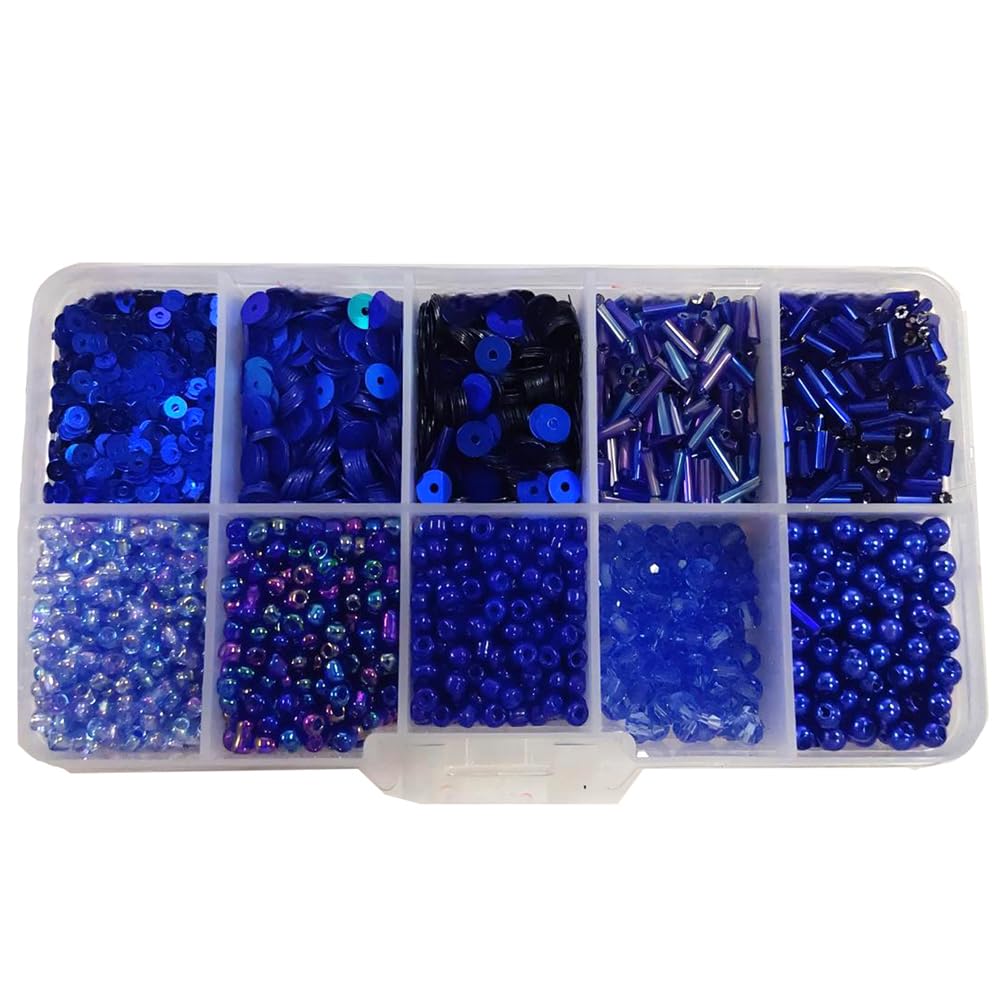 1 Box Royal Blue Beads and Sequins Kit, Assorted Glass Craft Beads Loose Sequins for Crafting, Beading, Keychain Making
