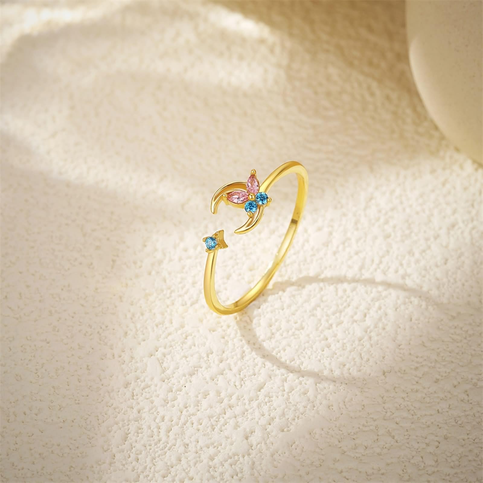 Anello promise, anello di fidanzamento, anello aperto con stella di luna e farfalla, regolabile con taglio marchese rosa, gemma artificiale in oro giallo