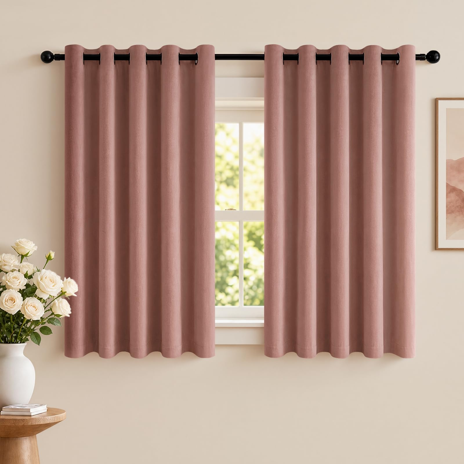 TOPICK Velvet Thermal Blackout Curtains Living Room, Dusty Rose, W66 xL54